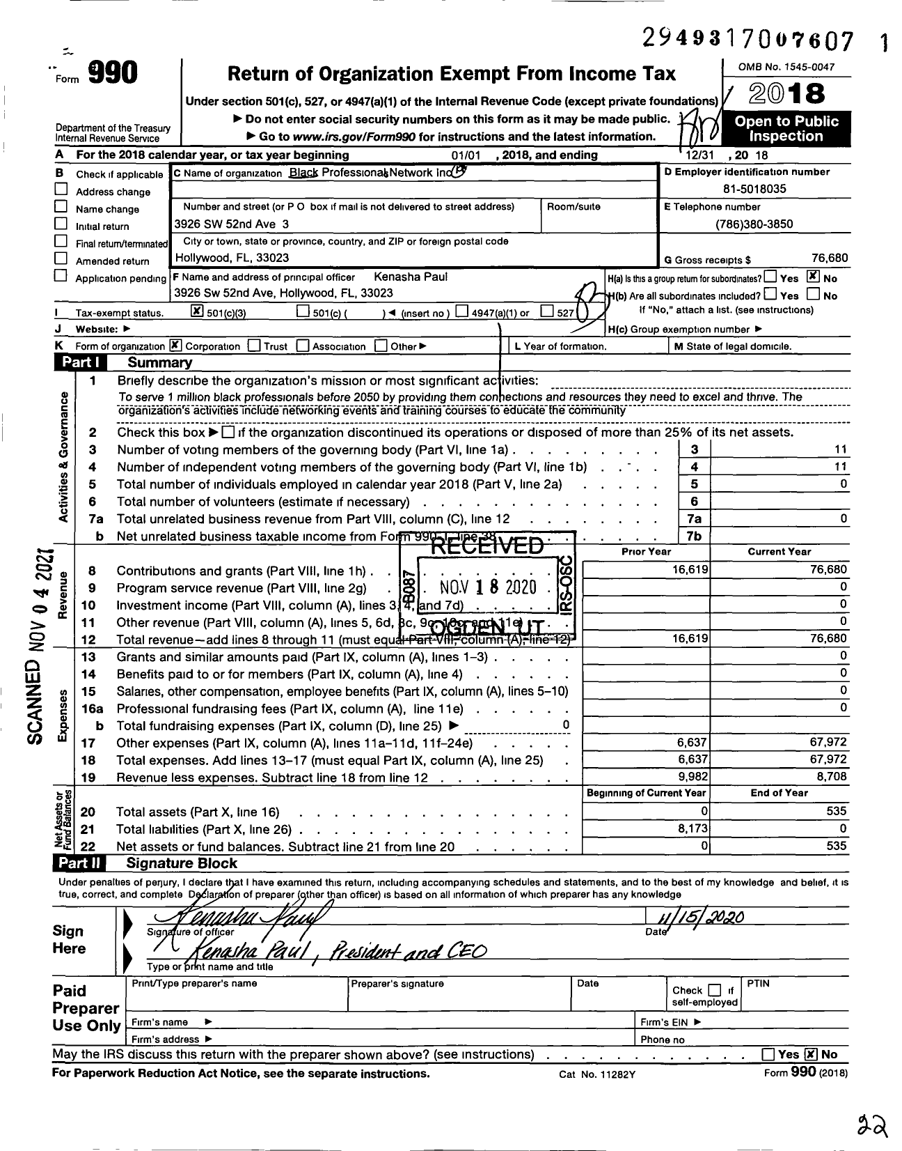 Image of first page of 2018 Form 990 for Black Professional Network