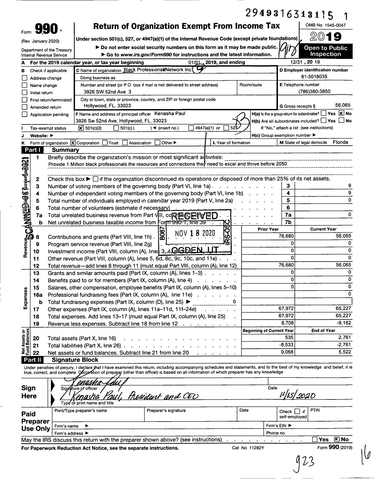 Image of first page of 2019 Form 990 for Black Professional Network