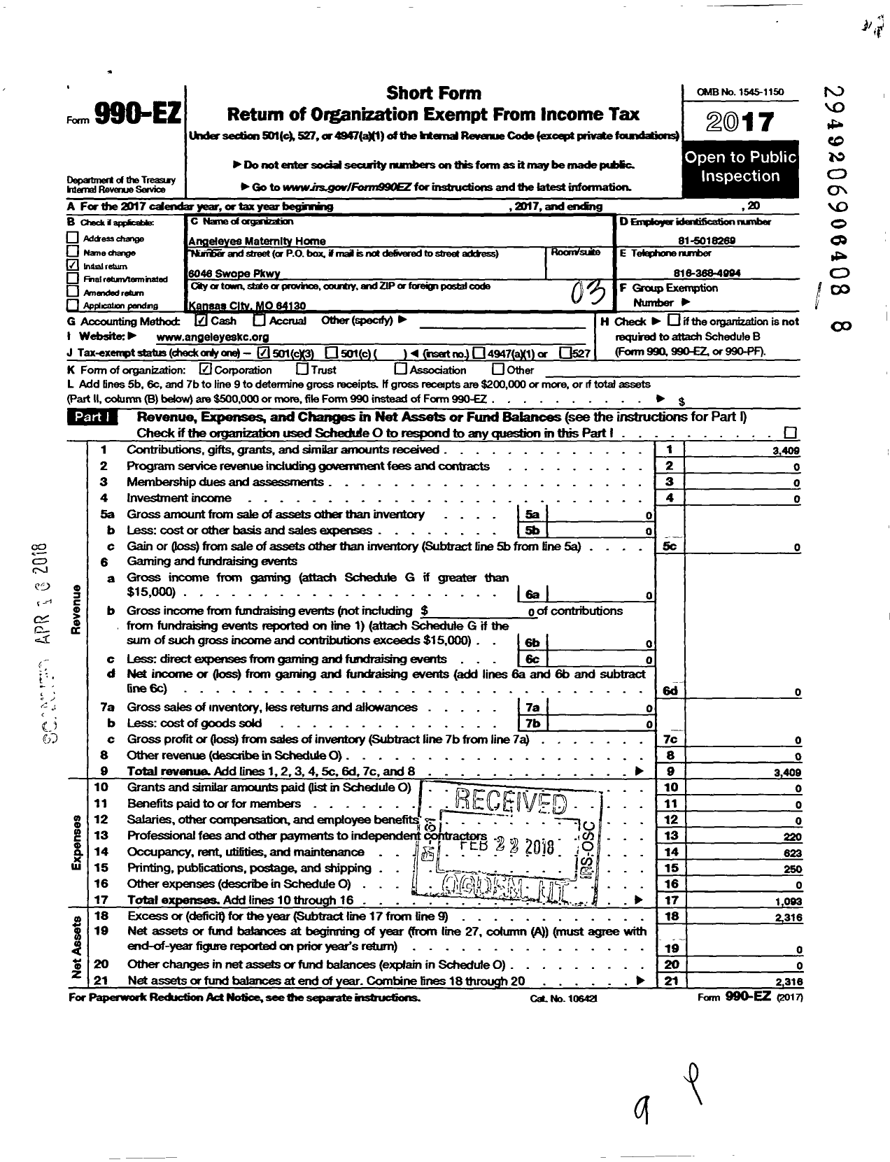 Image of first page of 2017 Form 990EZ for Angeleyes Maternity Home