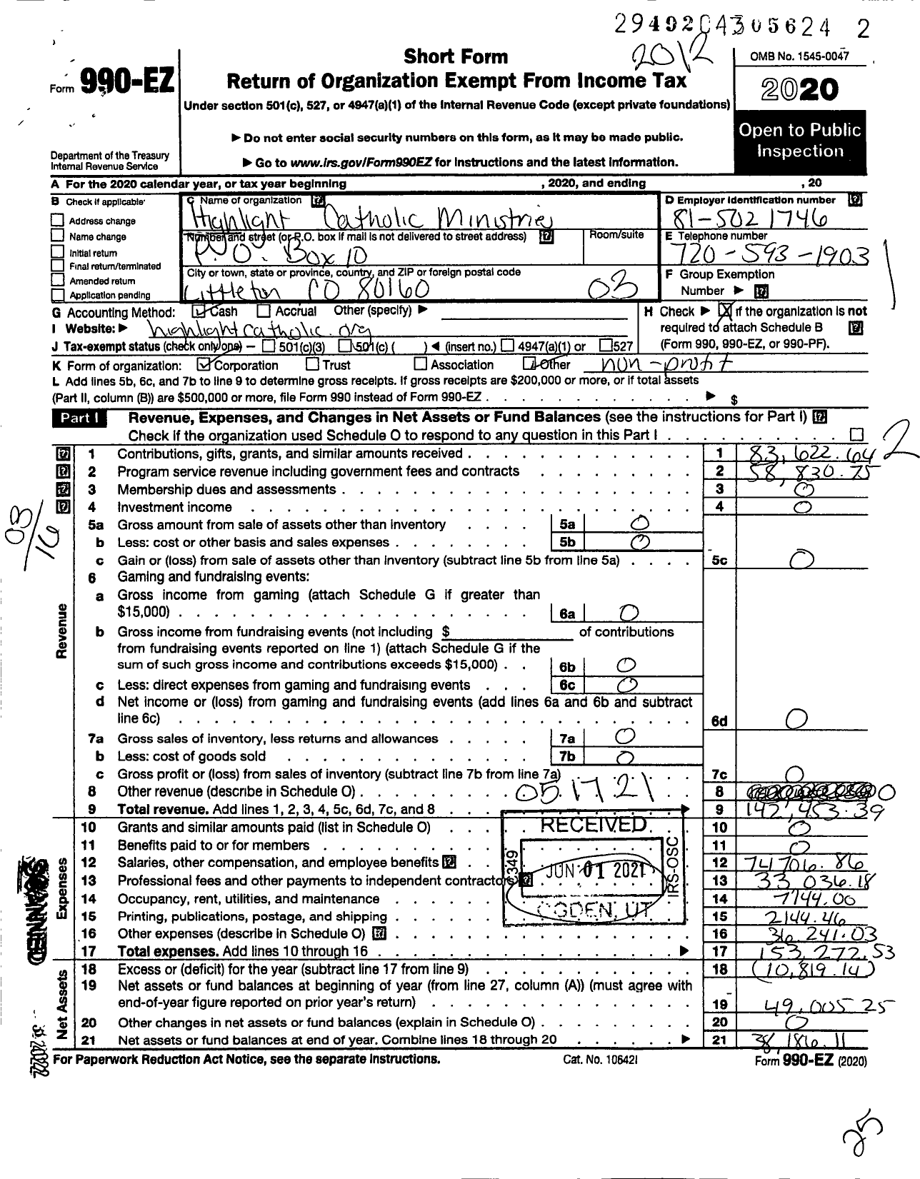 Image of first page of 2020 Form 990EZ for Highlight Catholic Ministries