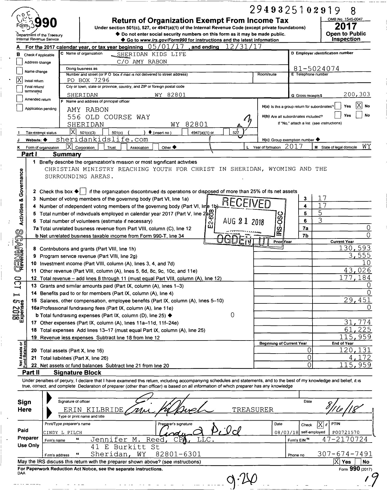 Image of first page of 2017 Form 990 for Sheridan Kids Life