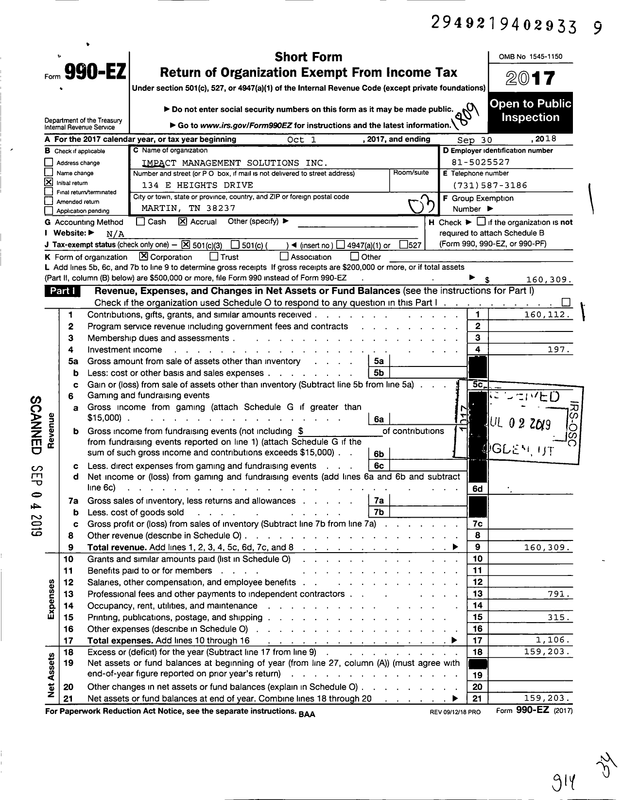 Image of first page of 2017 Form 990EZ for Impact Management Solutions