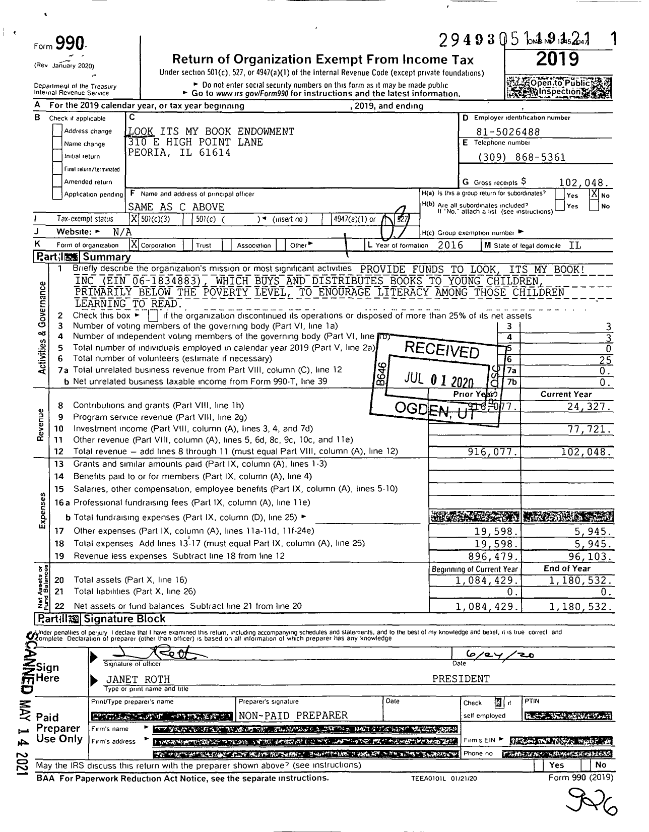 Image of first page of 2019 Form 990 for Look Its My Book Endowment