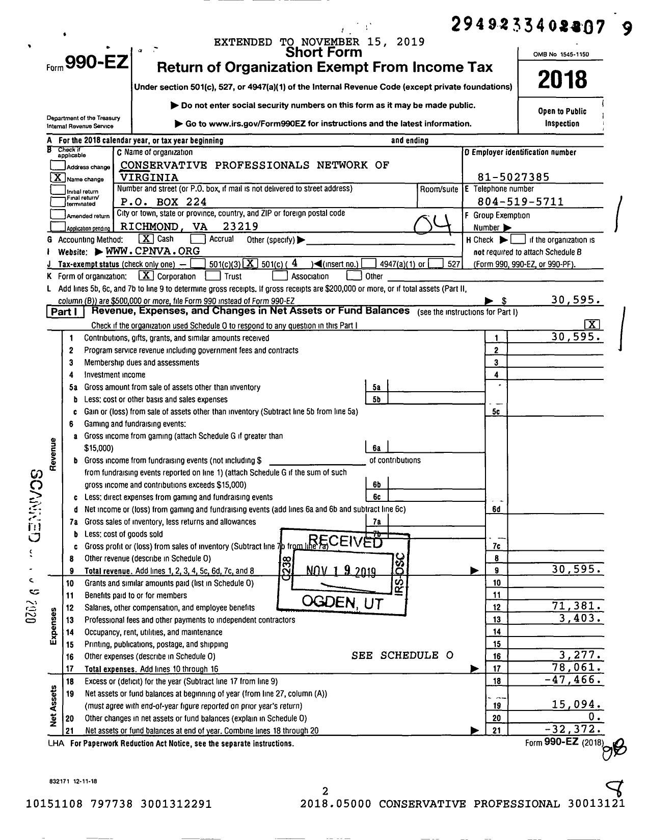 Image of first page of 2018 Form 990EO for Conservative Professionals Network of Virginia