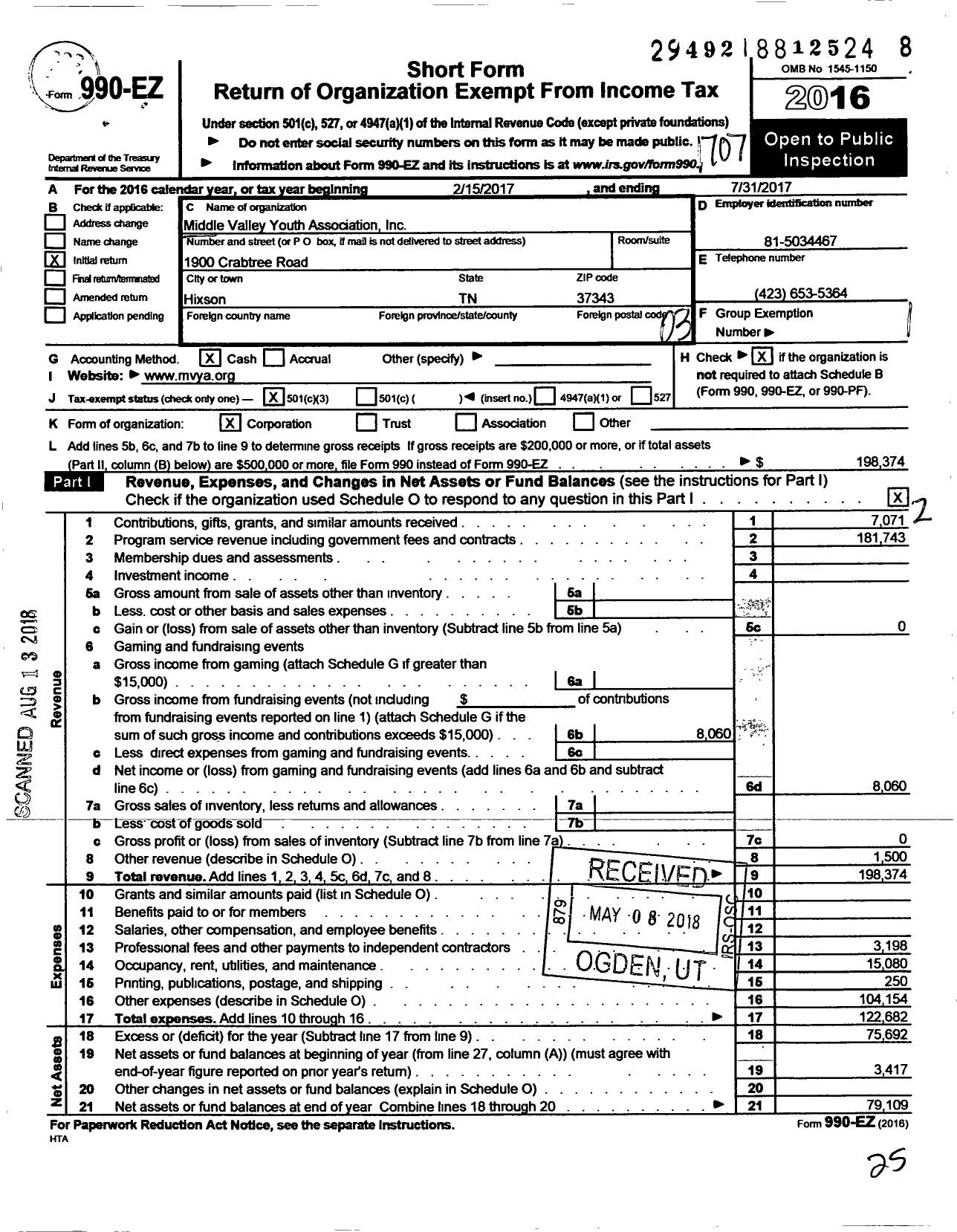 Image of first page of 2016 Form 990EZ for Middle Valley Youth Association