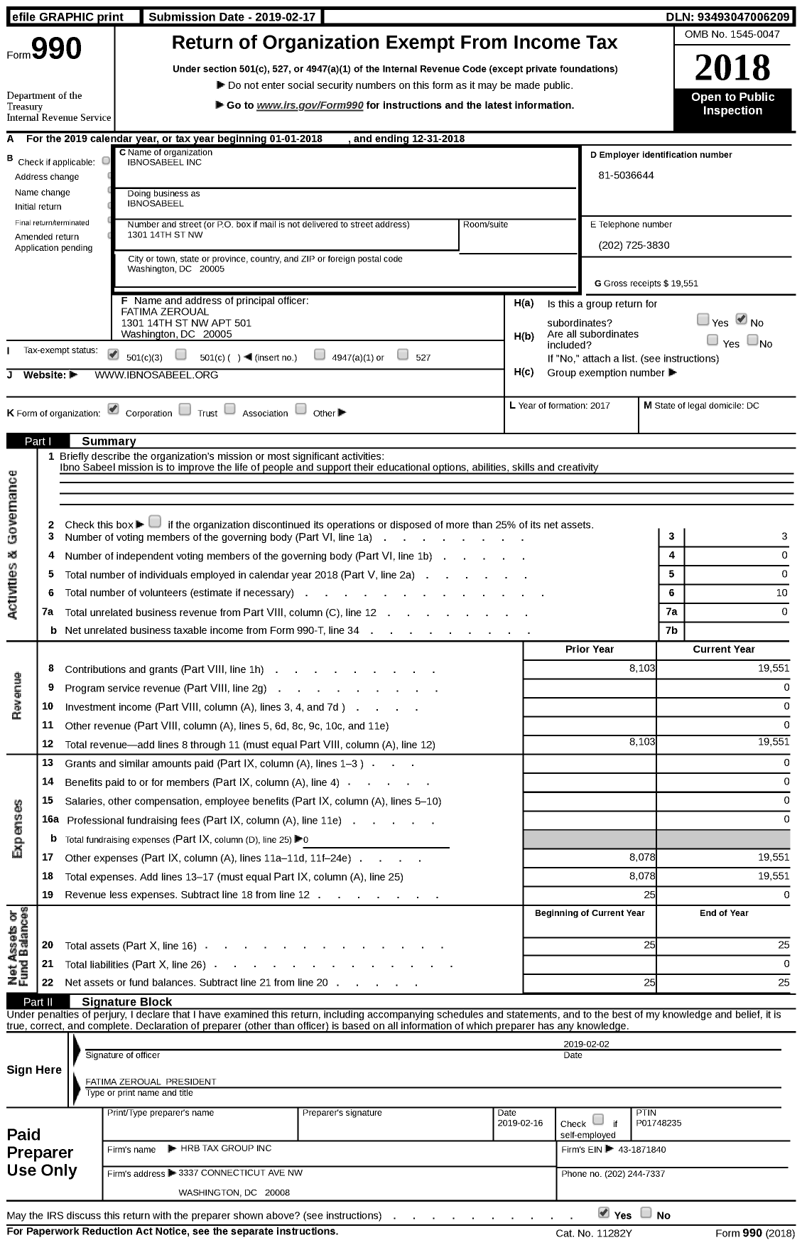 Image of first page of 2018 Form 990 for The Washington DC Women and Children Empowerment Network