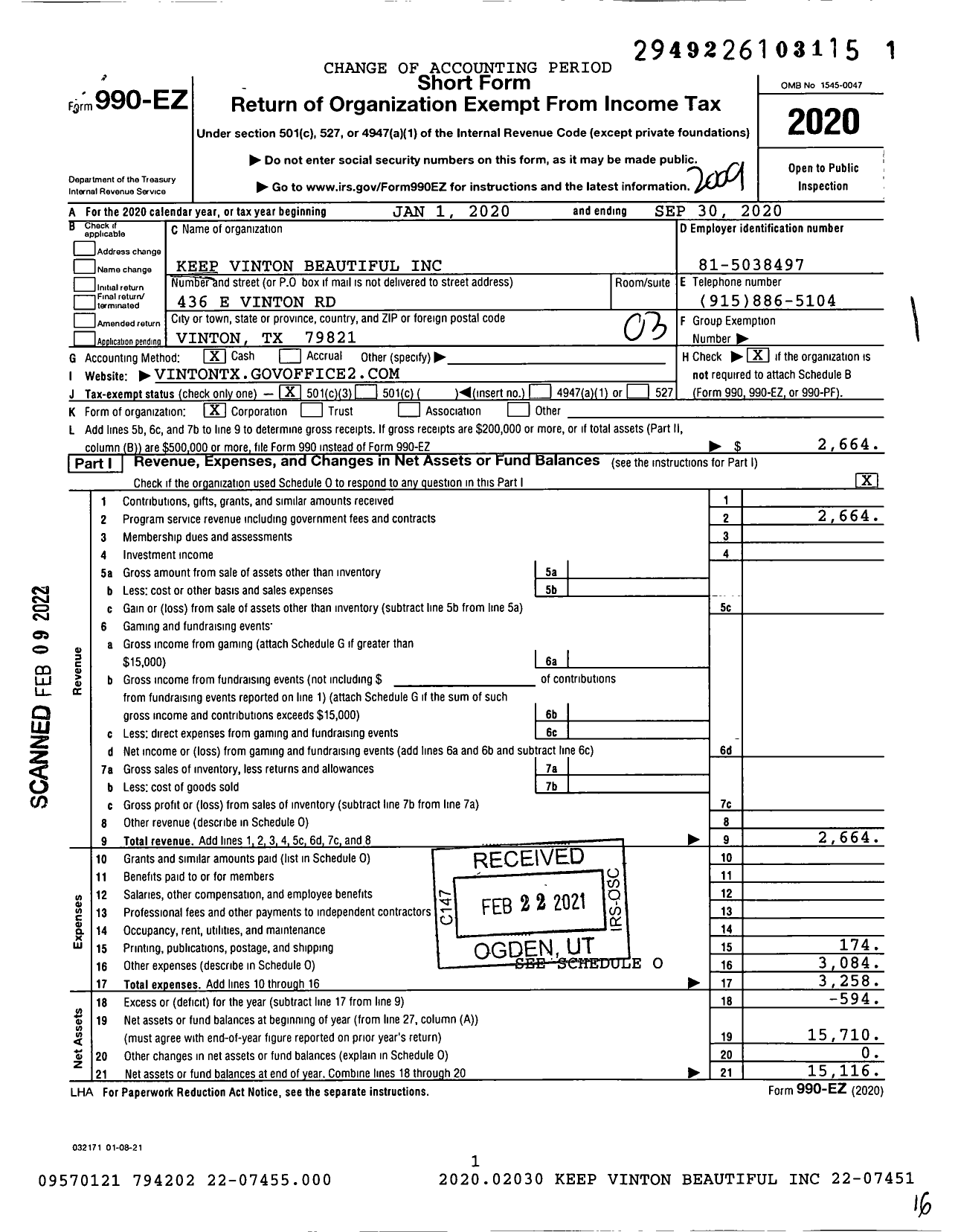 Image of first page of 2019 Form 990EZ for Keep Vinton Beautiful