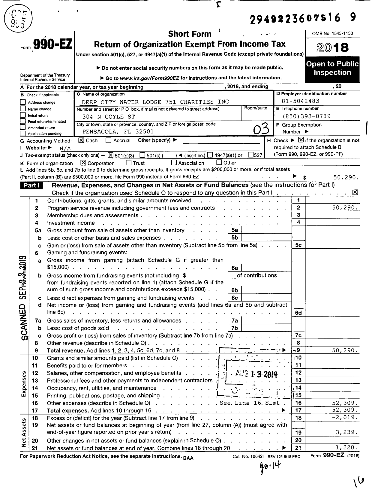 Image of first page of 2018 Form 990EZ for Deep City Water Lodge 751 Charities Incorporated