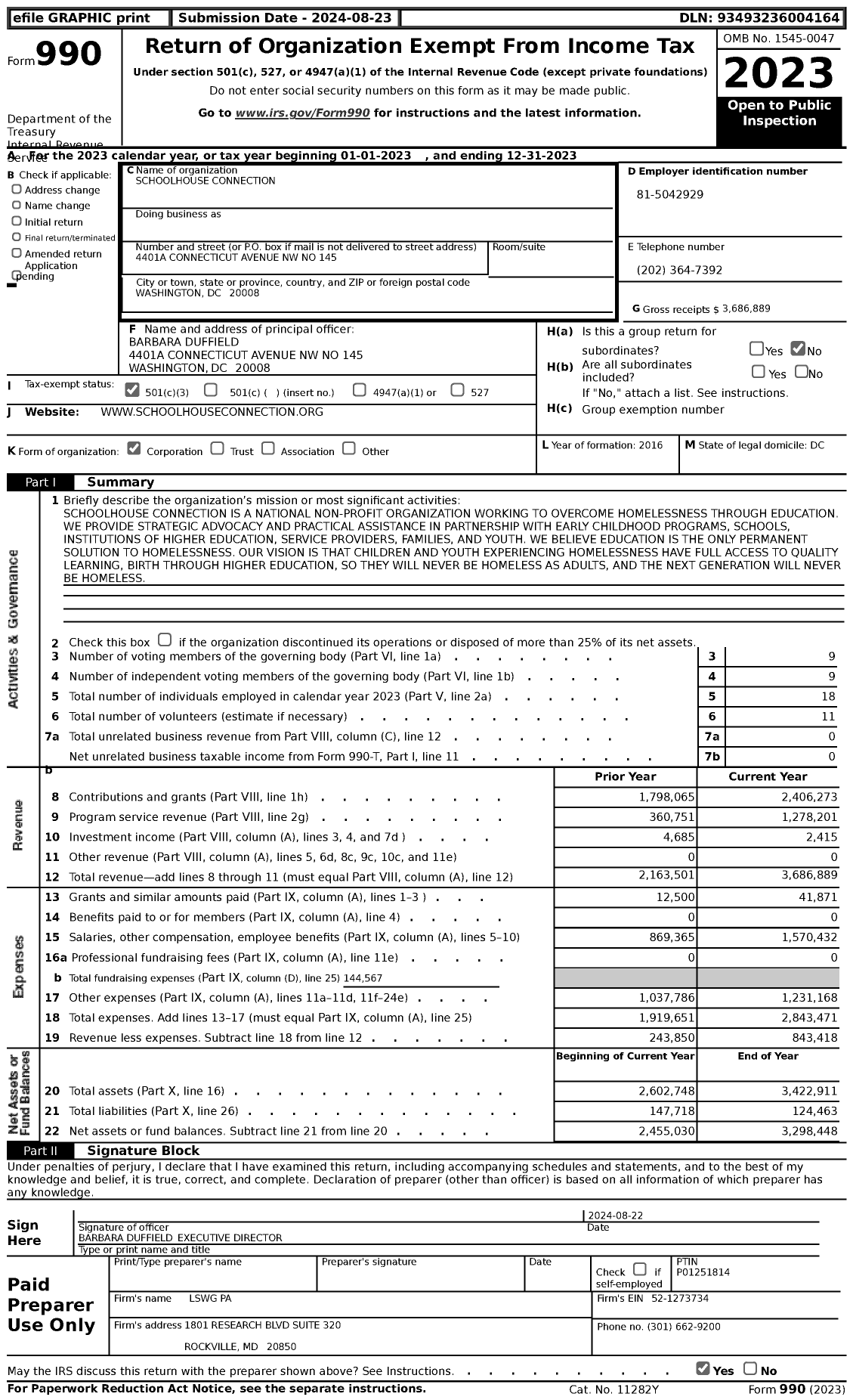 Image of first page of 2023 Form 990 for Schoolhouse Connection