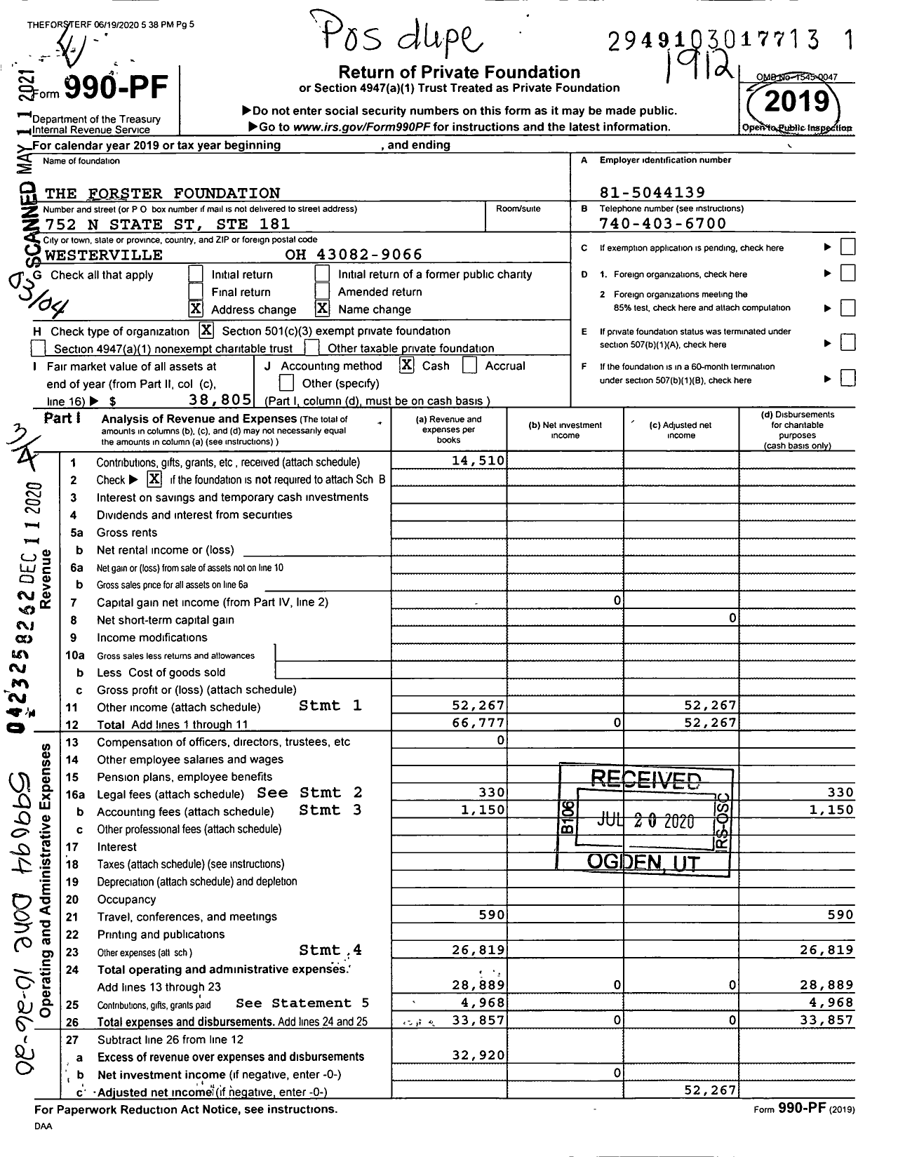 Image of first page of 2019 Form 990PF for The Forster Foundation