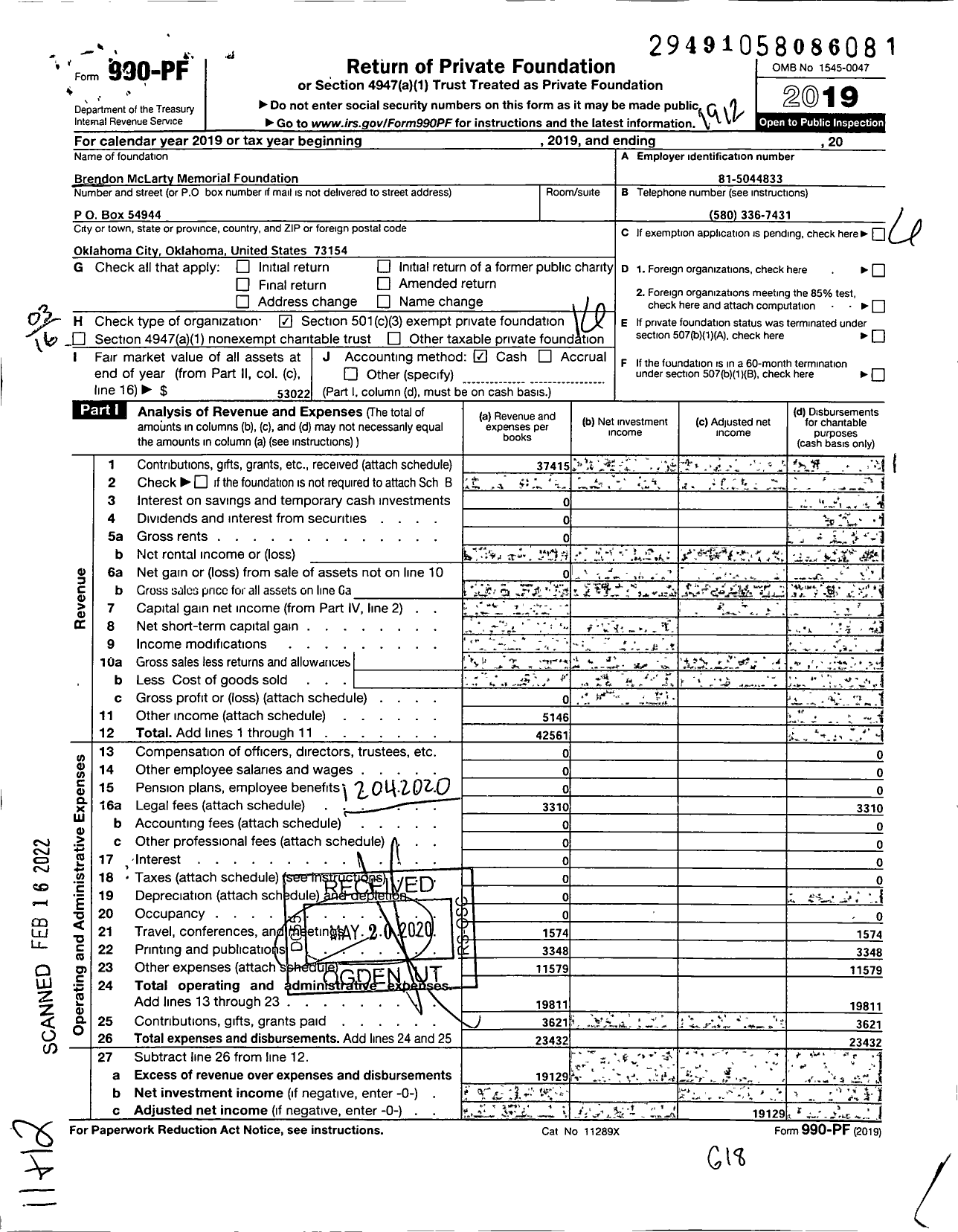 Image of first page of 2019 Form 990PF for Brendon Mclarty Memorial Foundation