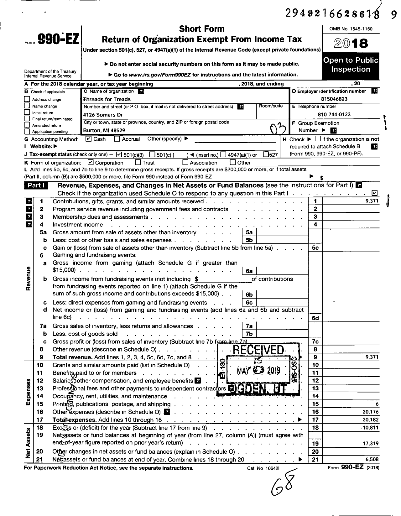 Image of first page of 2018 Form 990EZ for Threads for Treads