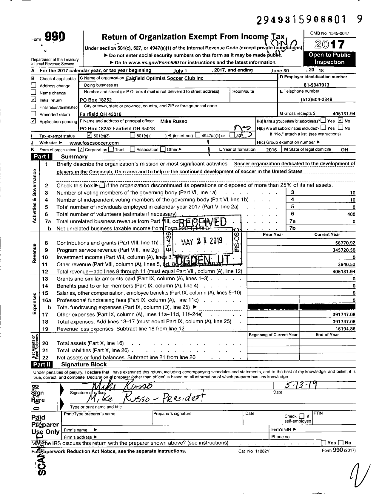 Image of first page of 2017 Form 990 for Fairfield SC