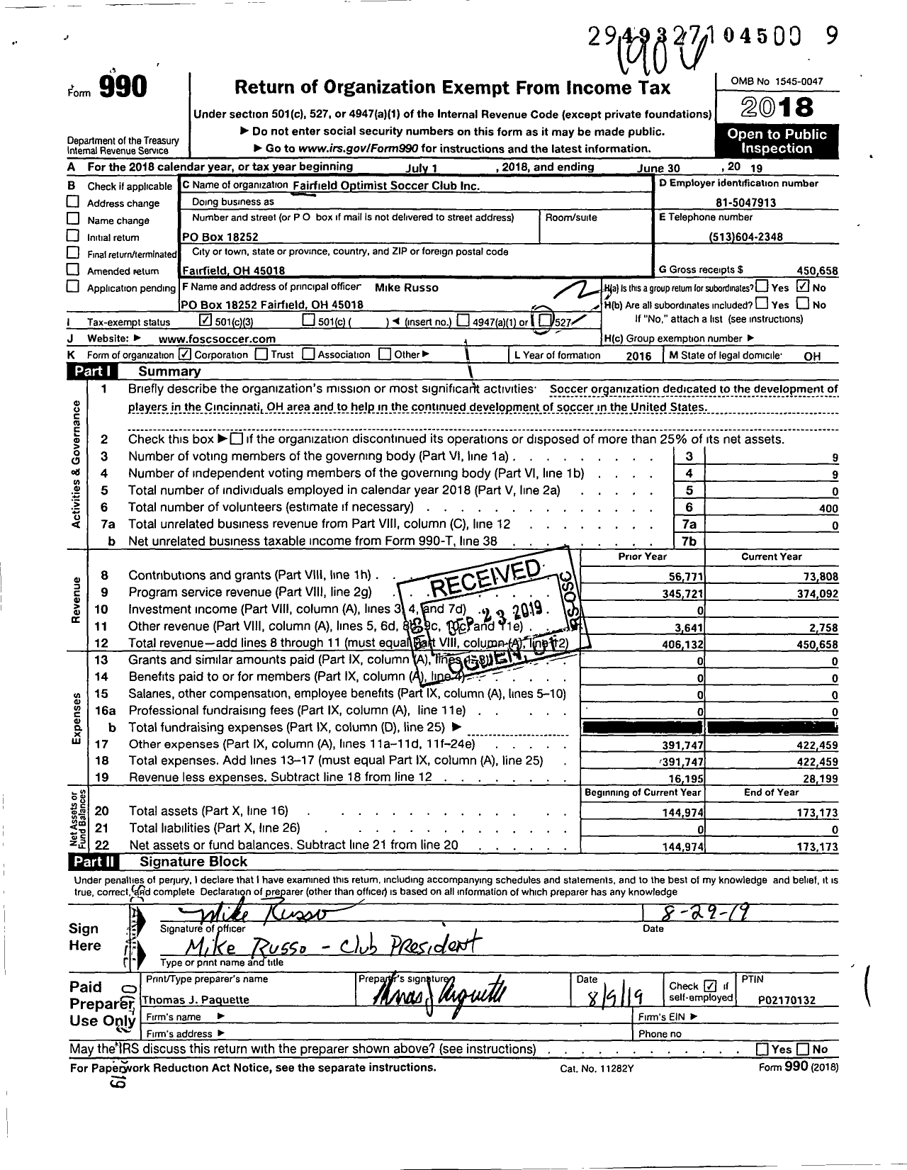 Image of first page of 2018 Form 990 for Fairfield SC