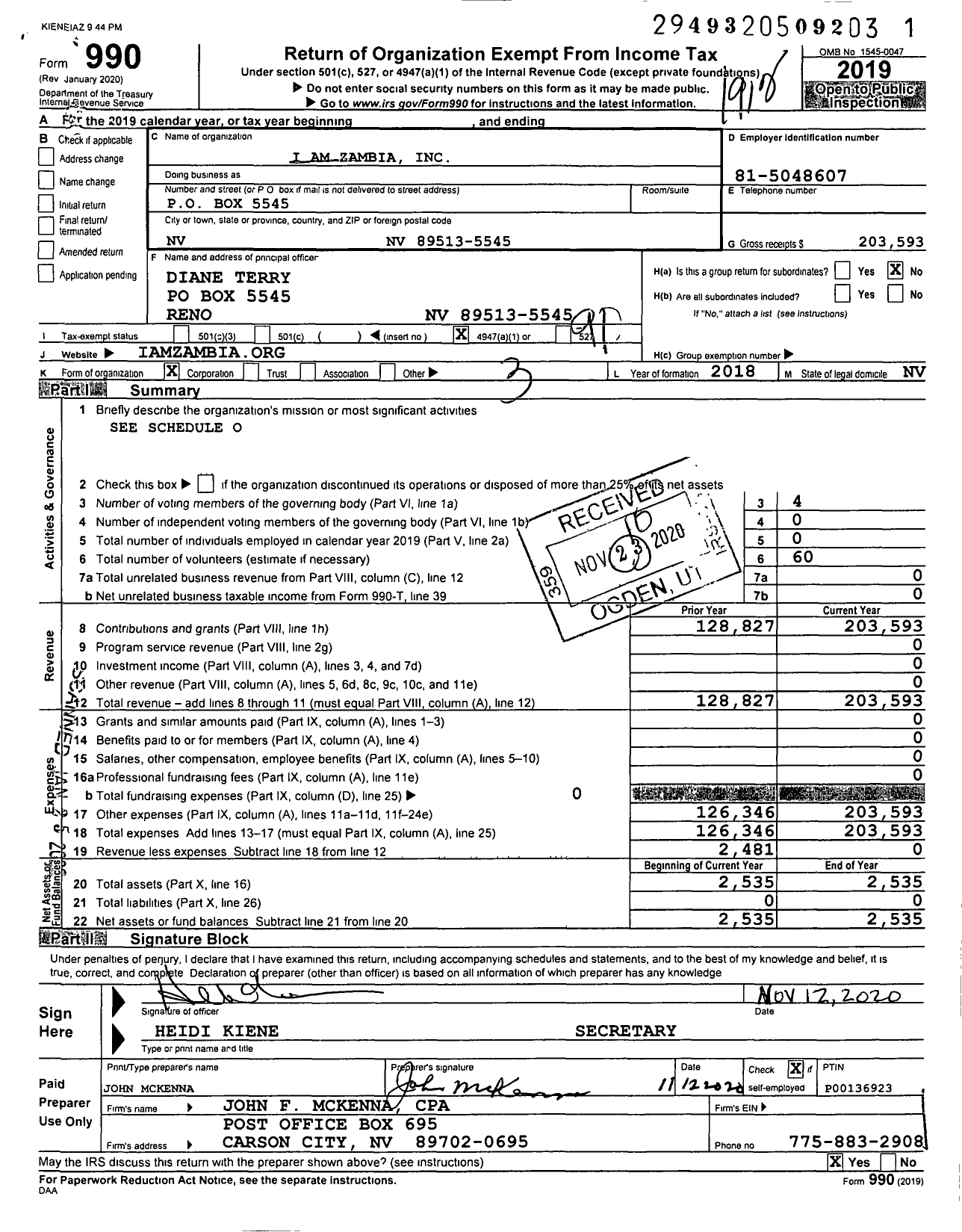 Image of first page of 2019 Form 990O for I Am Zambia