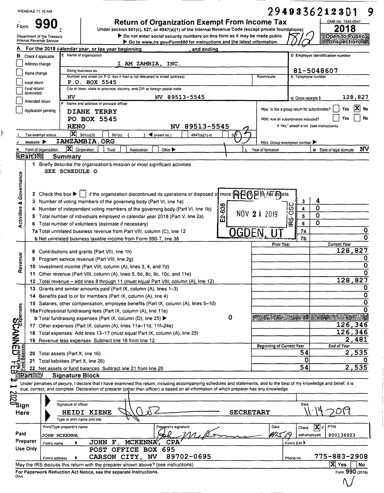 Image of first page of 2018 Form 990 for I Am Zambia