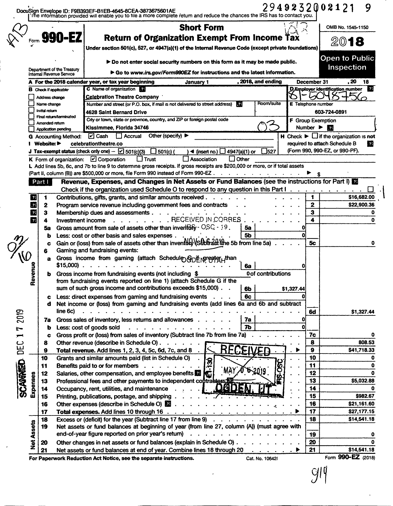 Image of first page of 2018 Form 990EZ for Celebration Theatre Company