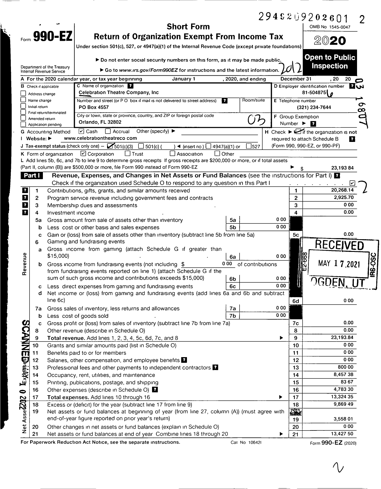 Image of first page of 2020 Form 990EZ for Celebration Theatre Company