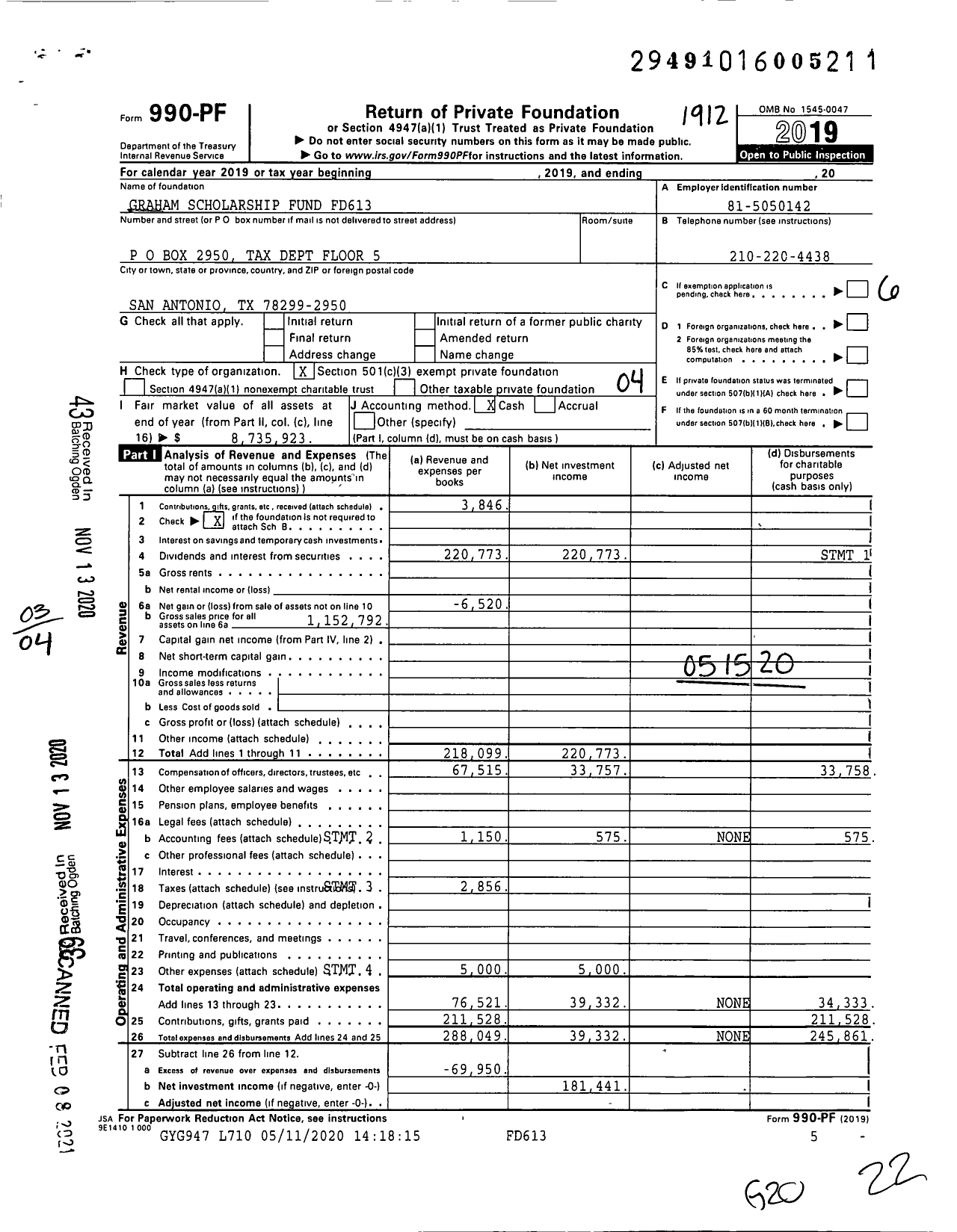 Image of first page of 2019 Form 990PF for Graham Scholarship Fund FD613