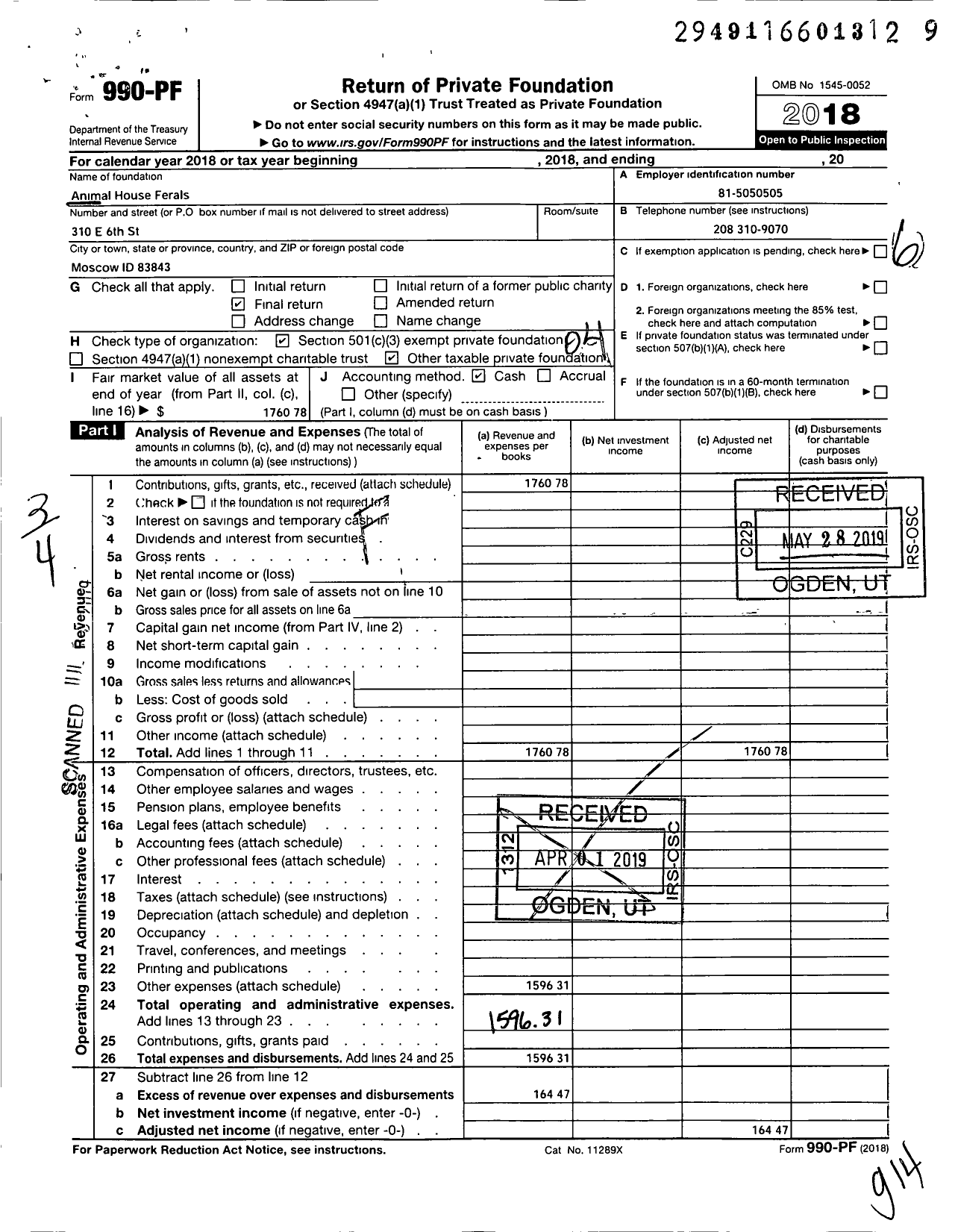 Image of first page of 2018 Form 990PF for Animal House Ferals