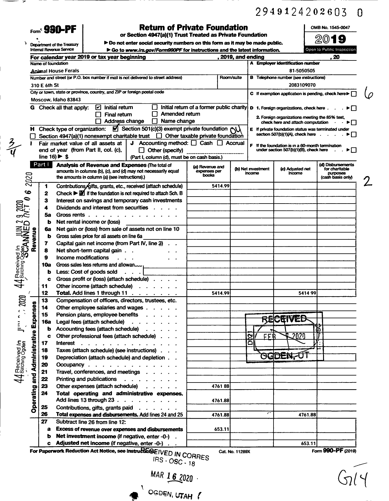 Image of first page of 2019 Form 990PR for Animal House Ferals