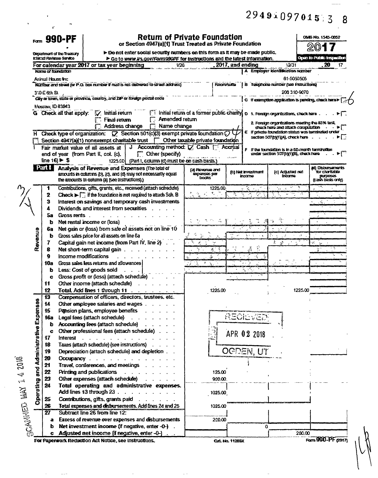 Image of first page of 2017 Form 990PF for Animal House Ferals