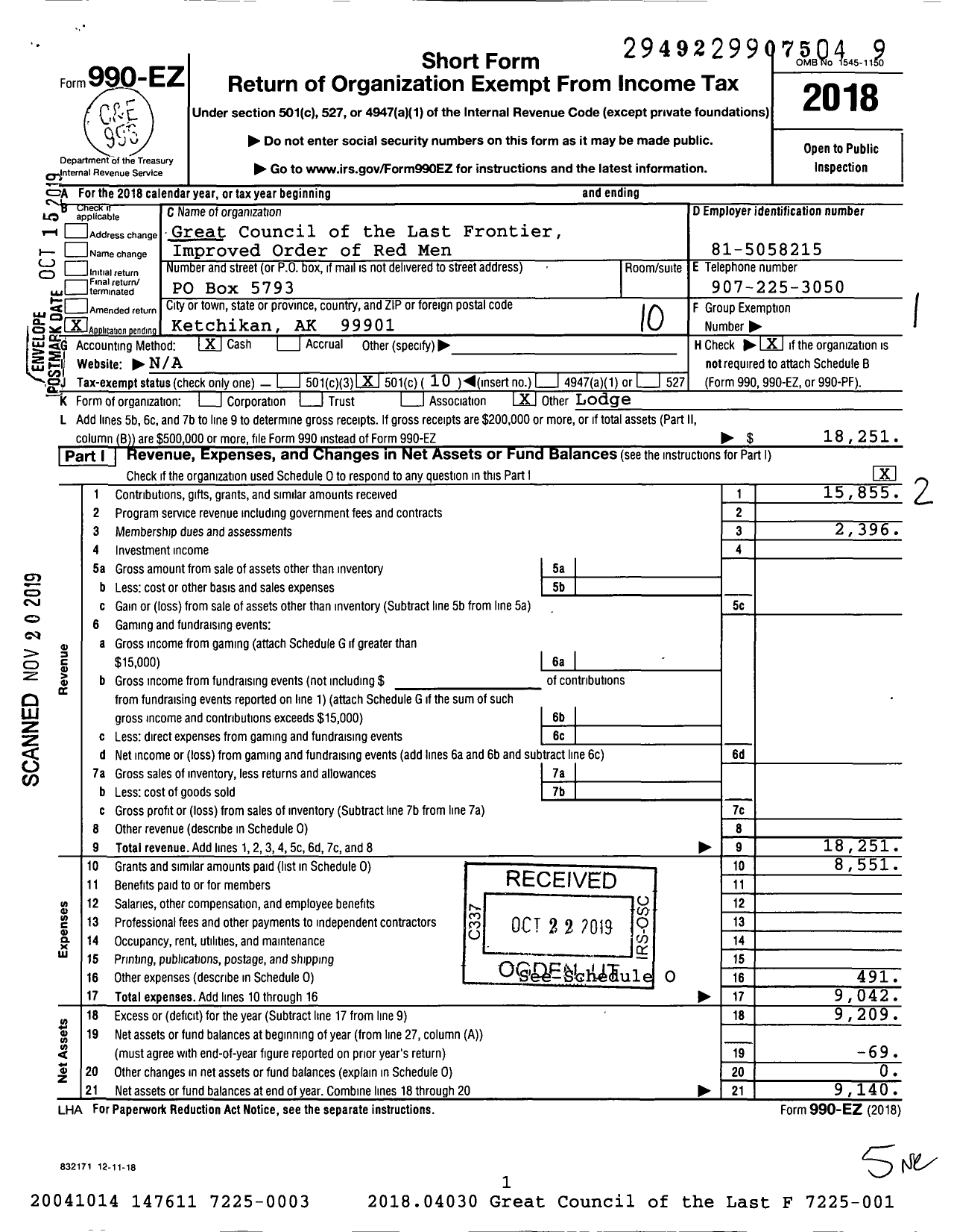 Image of first page of 2018 Form 990EO for Great Council of the Last Frontier Improved Order of Red Men