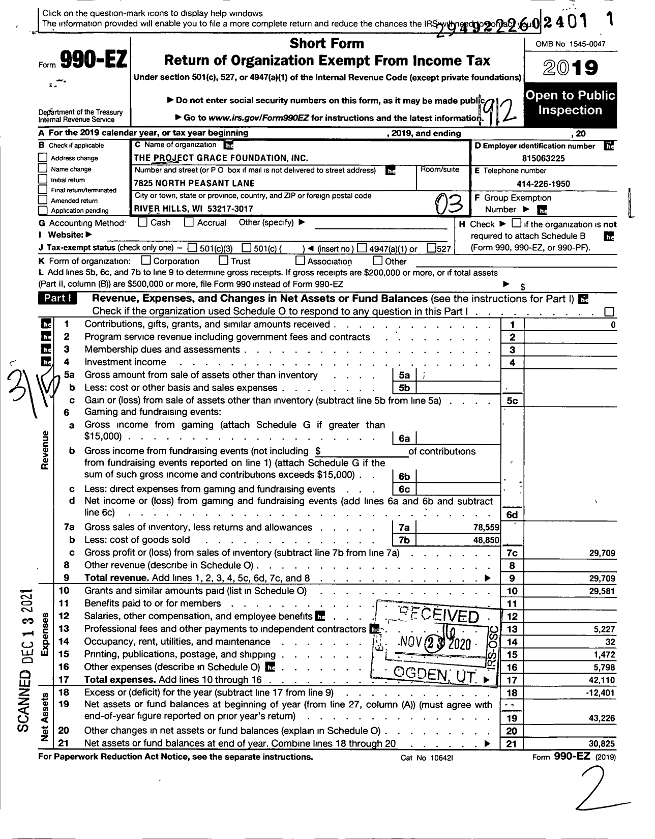 Image of first page of 2019 Form 990EZ for The Project Grace Foundation