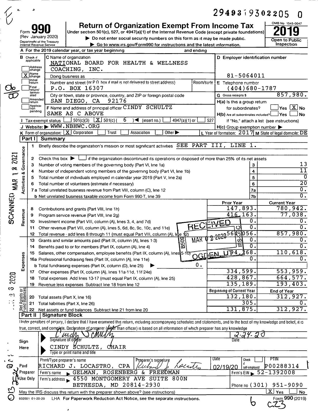 Image of first page of 2019 Form 990O for National Board for Health and Wellness Coaching