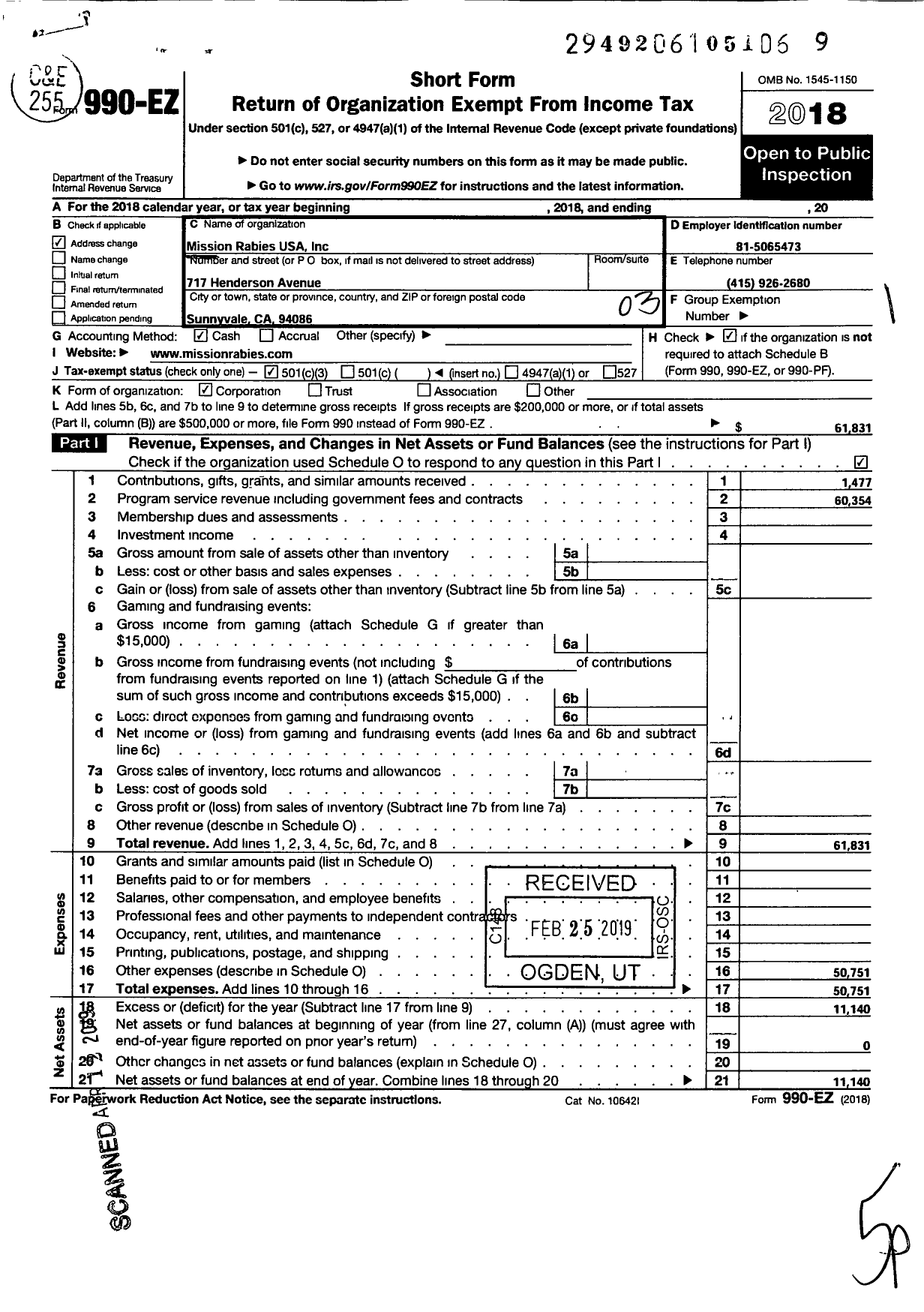 Image of first page of 2018 Form 990EZ for Mission Rabies USA