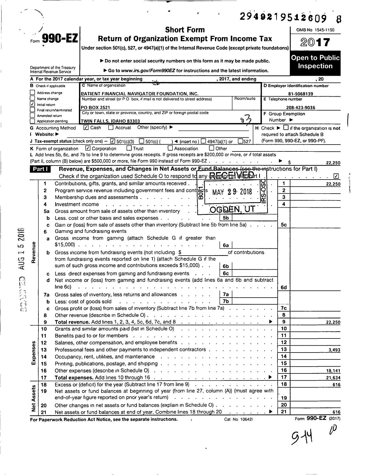 Image of first page of 2017 Form 990EZ for Patient Financial Navigator Foundation