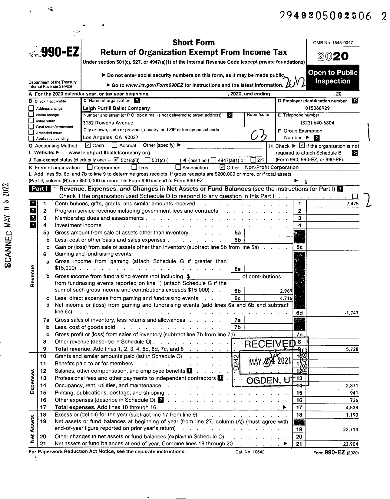 Image of first page of 2020 Form 990EZ for Leigh Purtill Ballet Company