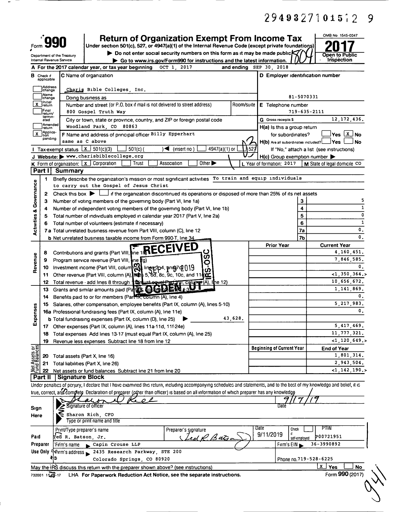 Image of first page of 2017 Form 990 for Charis Bible Colleges