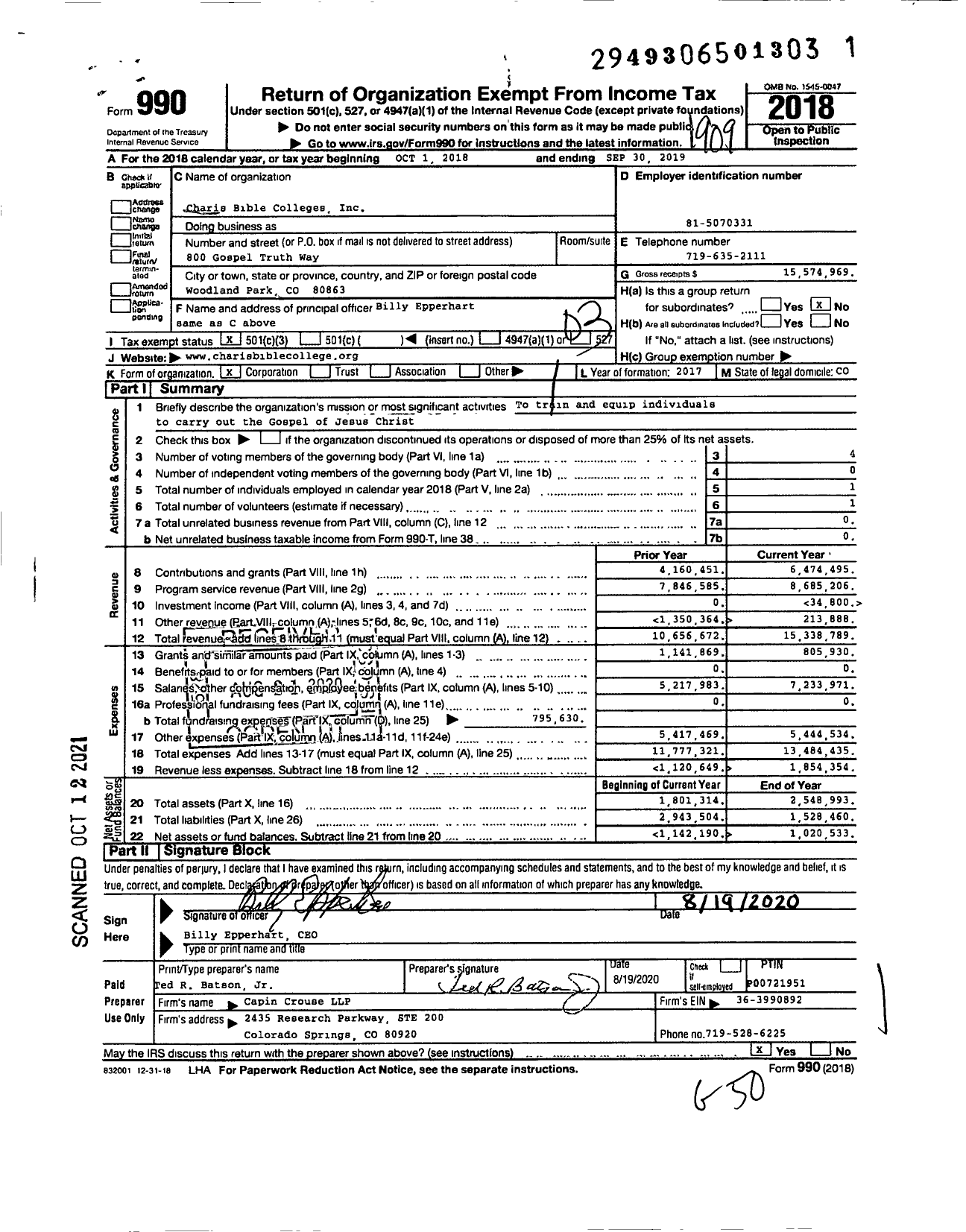 Image of first page of 2018 Form 990 for Charis Bible Colleges