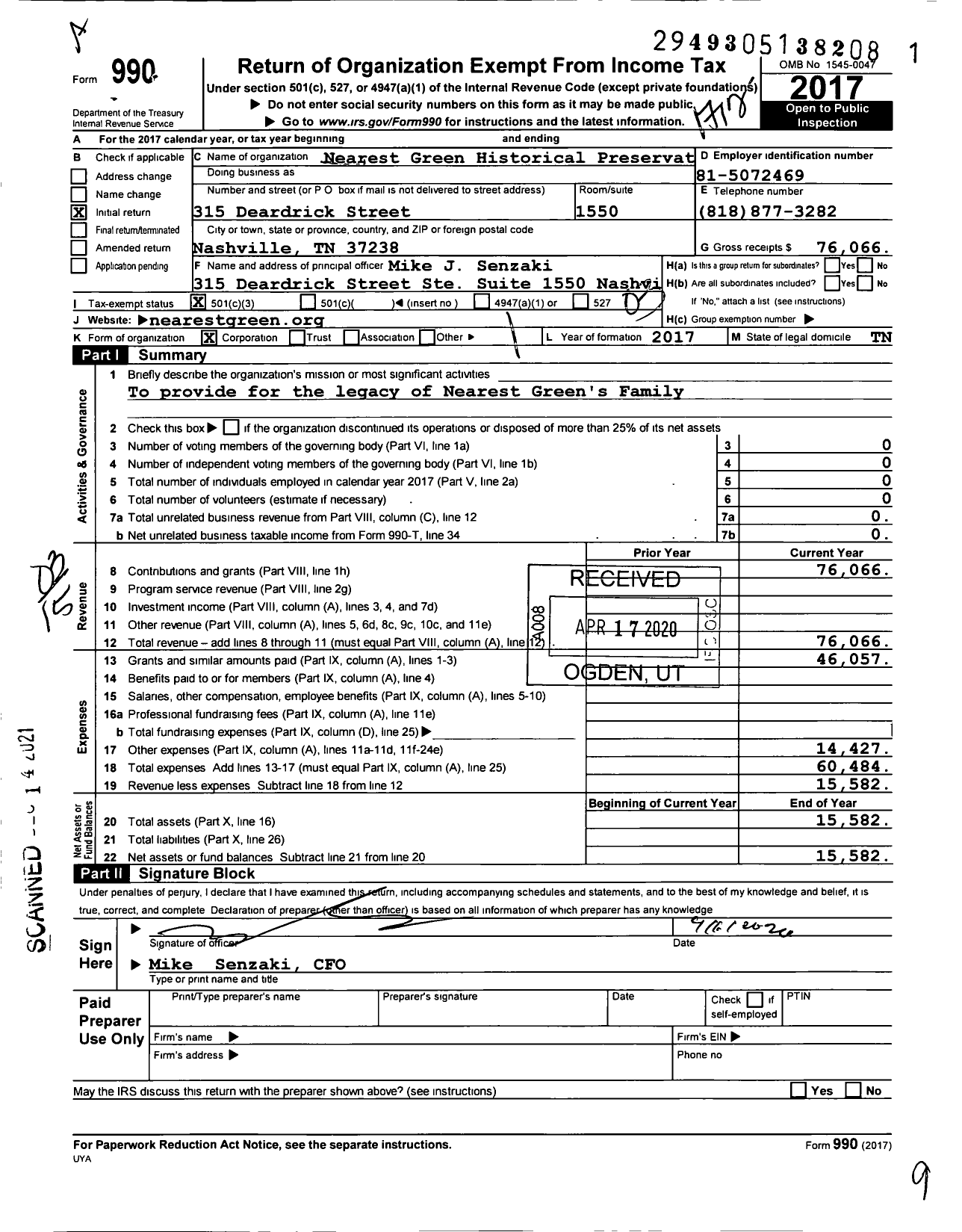 Image of first page of 2017 Form 990 for Nearest Green Historical Preservation and Cultural Fund