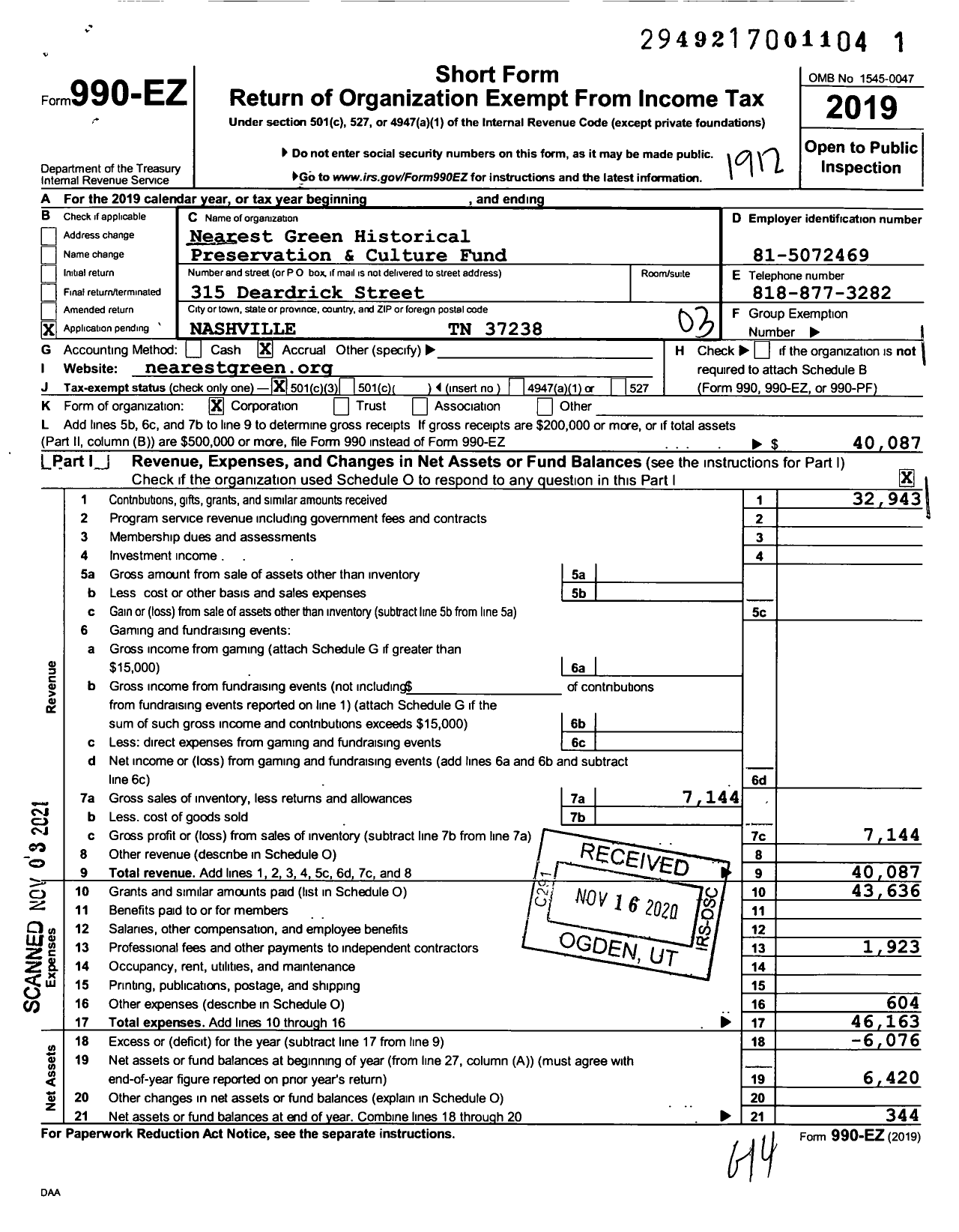 Image of first page of 2019 Form 990EZ for Nearest Green Historical Preservation and Cultural Fund