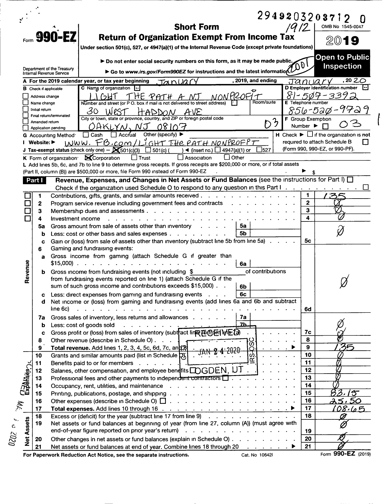 Image of first page of 2019 Form 990EZ for Light the Path A NJ Nonprofit Profit Corporation