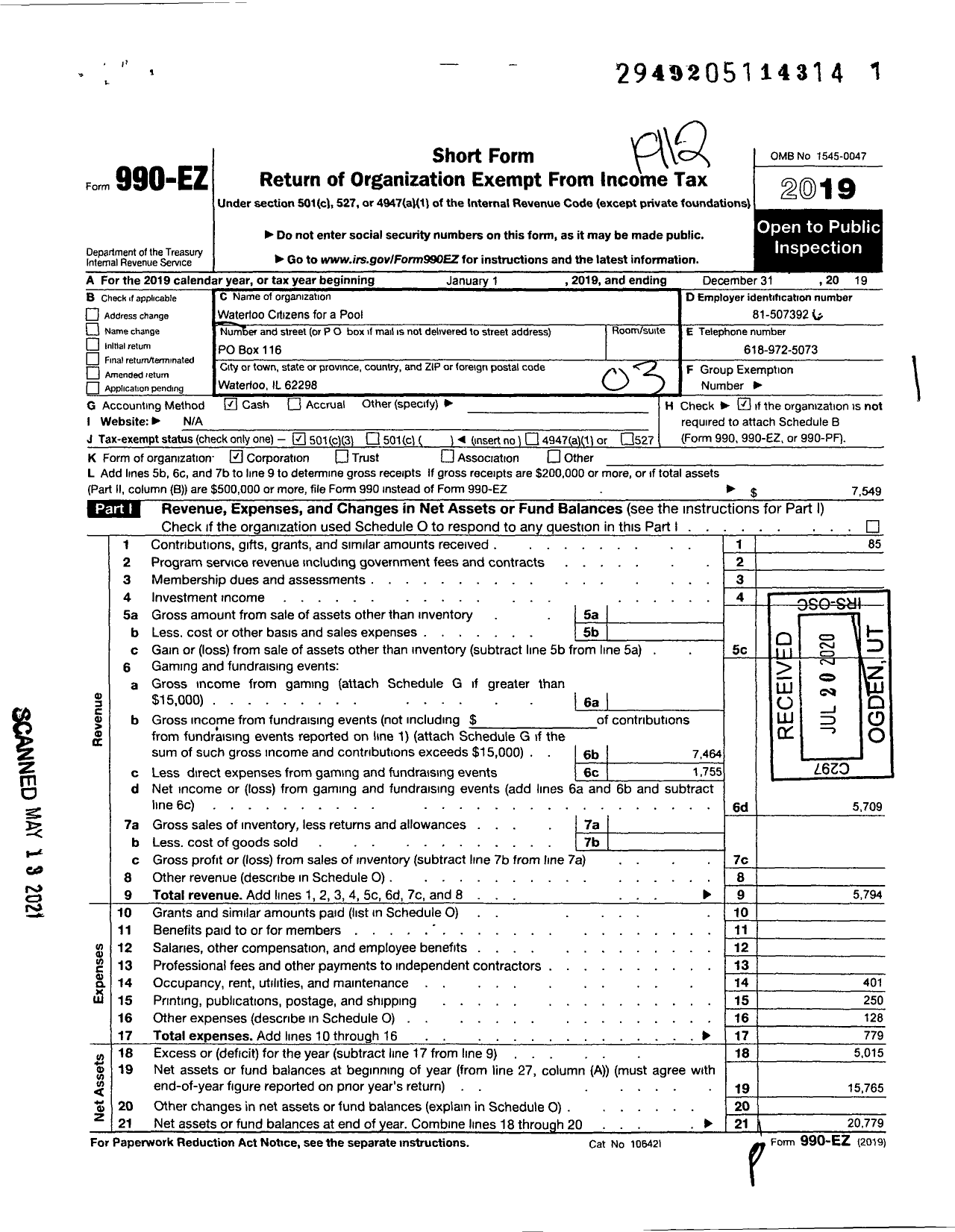 Image of first page of 2019 Form 990EZ for Waterloo Citizens for a Pool