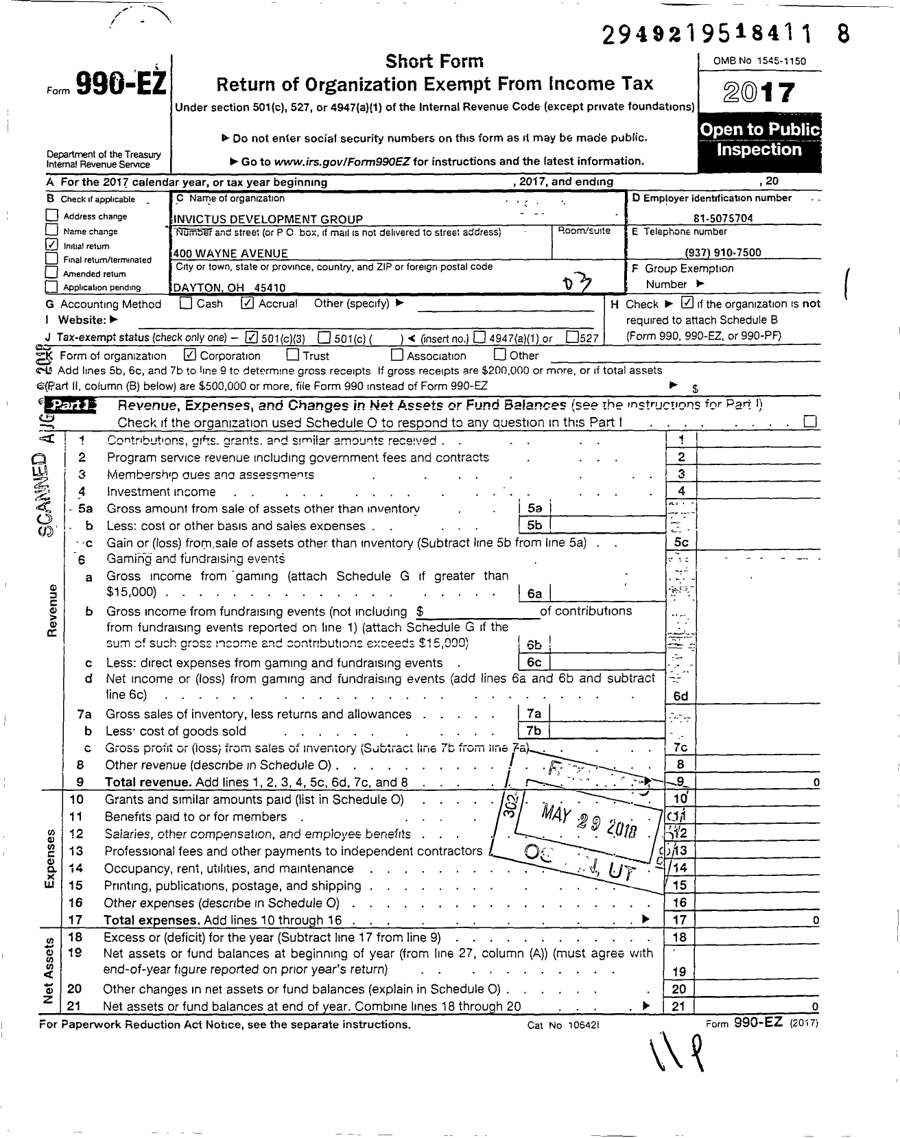 Image of first page of 2017 Form 990EZ for Invictus Development Group