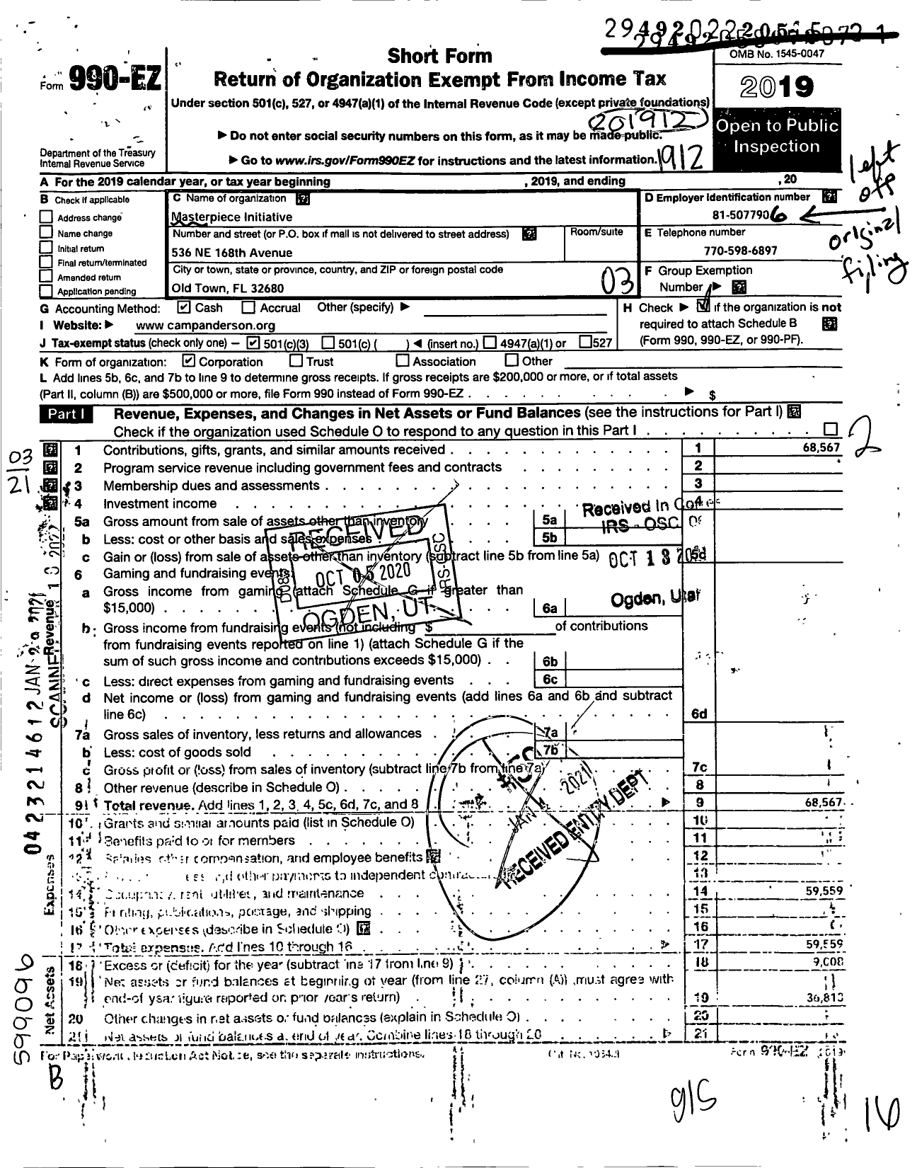 Image of first page of 2019 Form 990EZ for Masterpiece Initiative