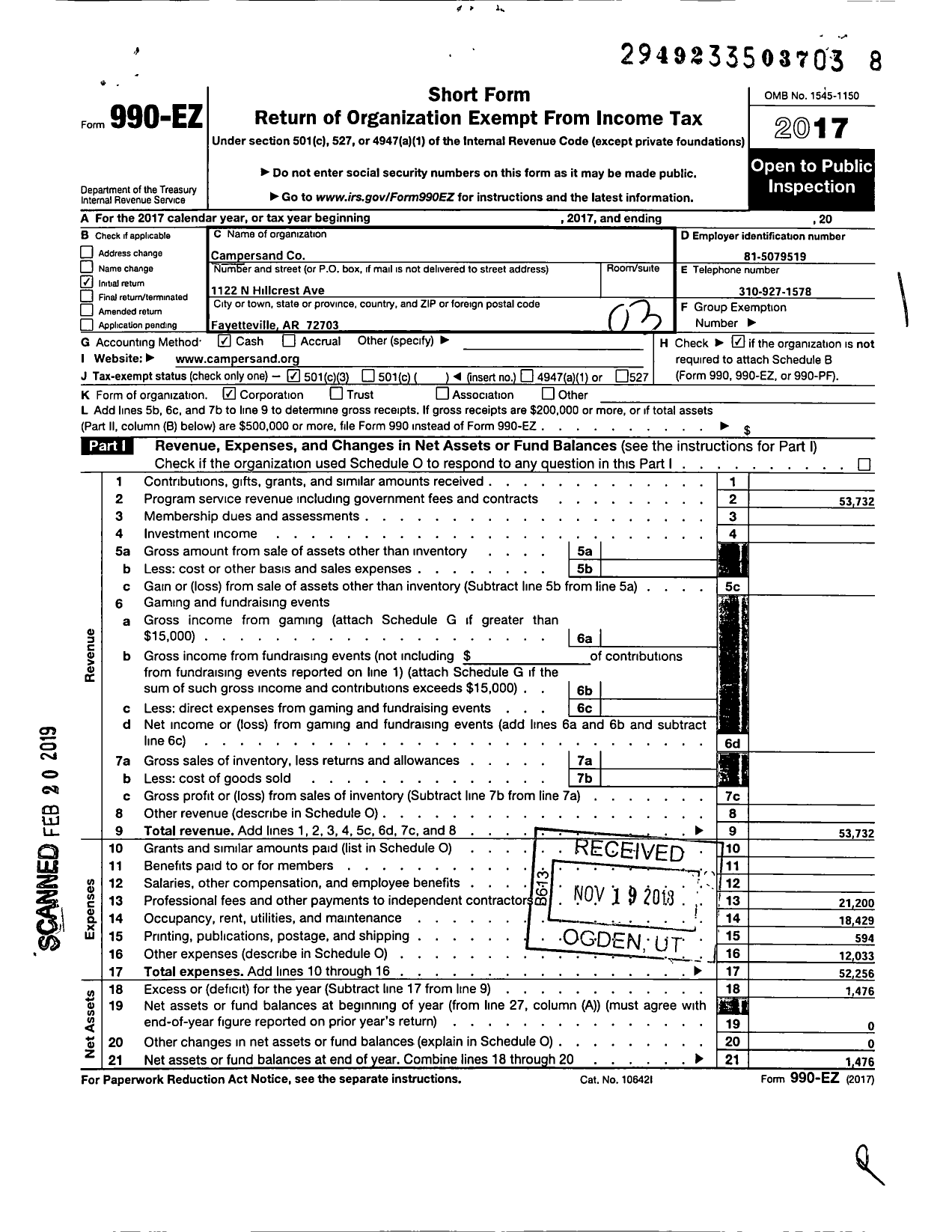 Image of first page of 2017 Form 990EZ for Campersand