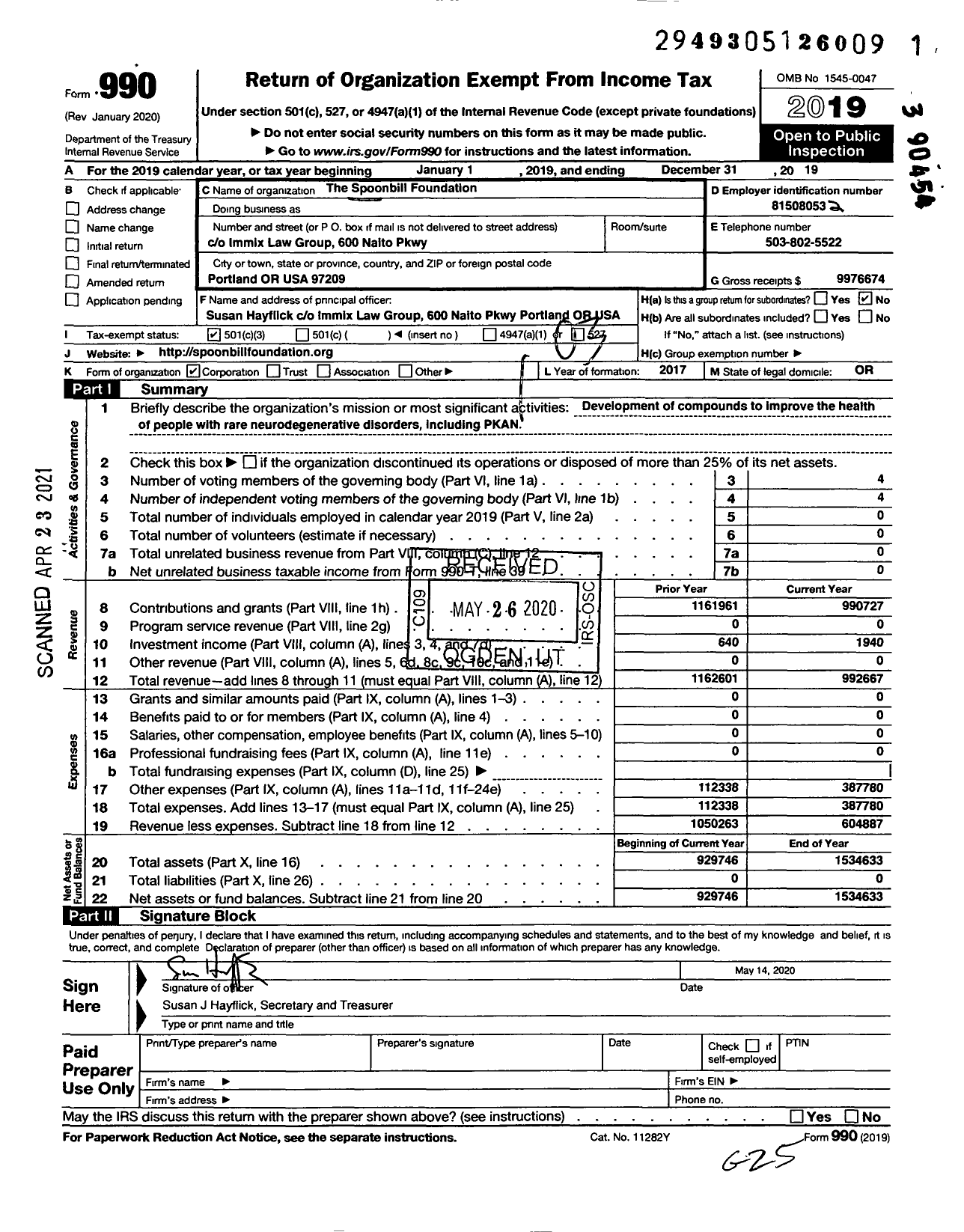 Image of first page of 2019 Form 990 for Spoonbill Foundation