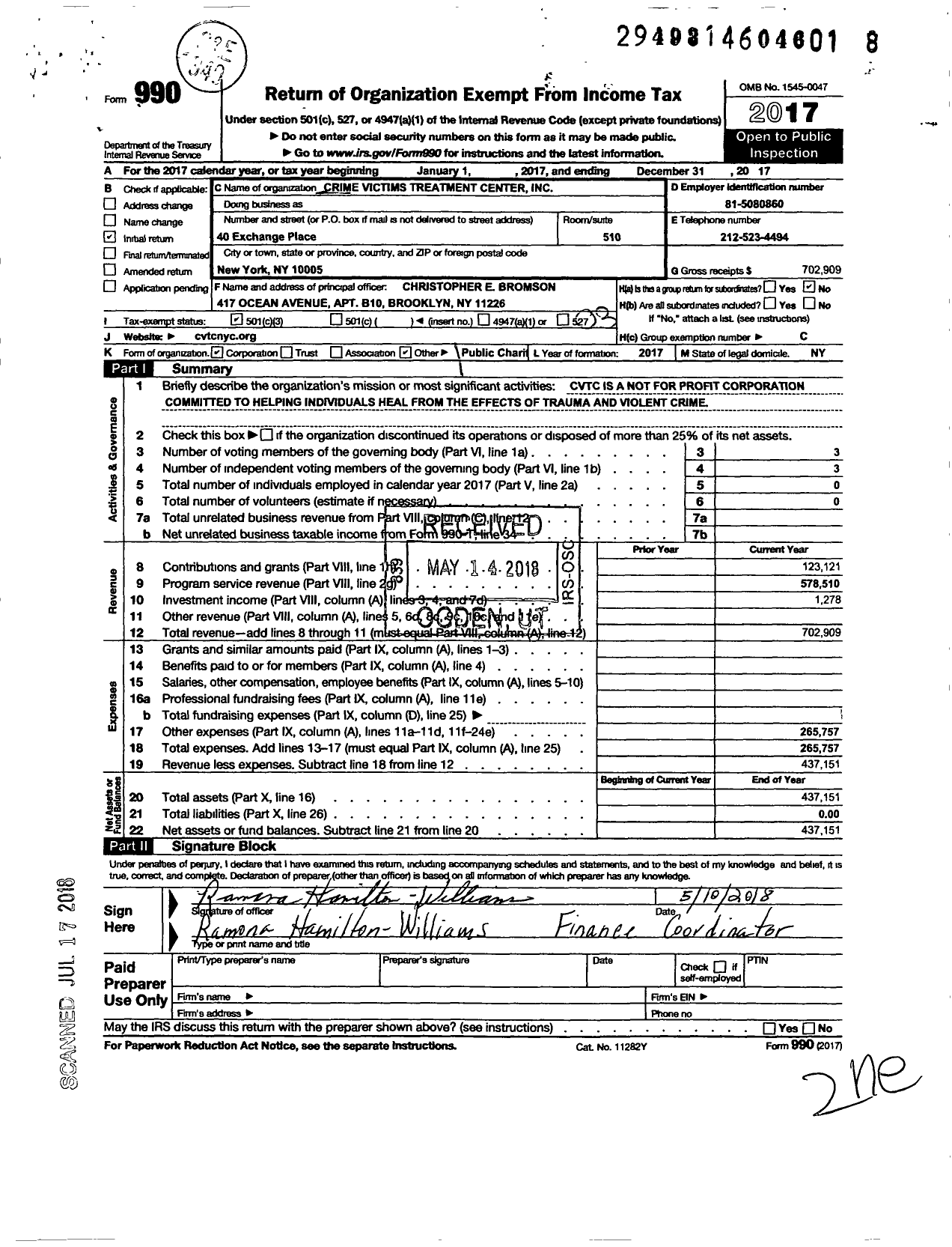 Image of first page of 2017 Form 990 for Crime Victims Treatment Center