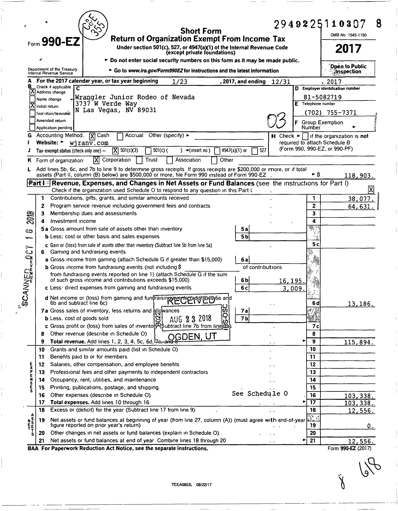 Image of first page of 2017 Form 990EZ for Wrangler Junior Rodeo Association of Nevada