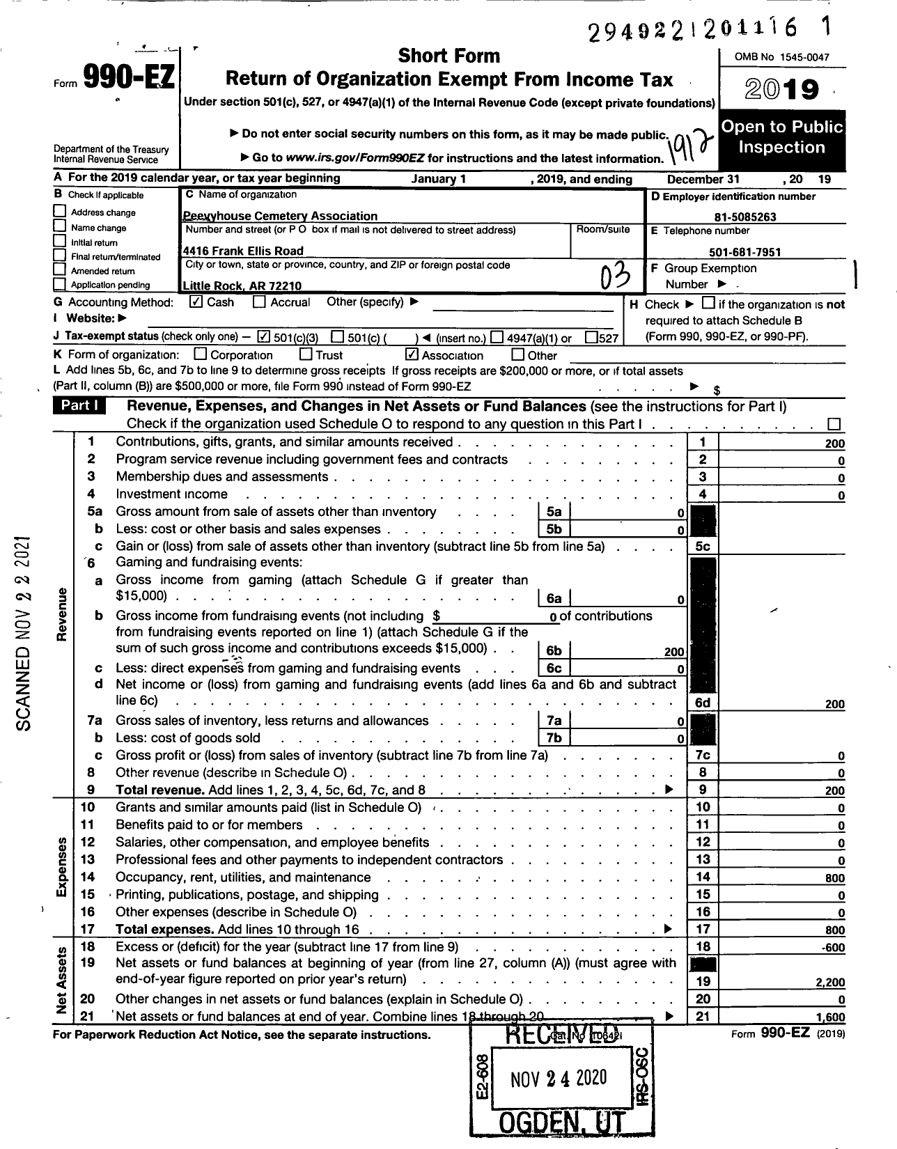 Image of first page of 2019 Form 990EZ for Peevyhouse Cemetery Association