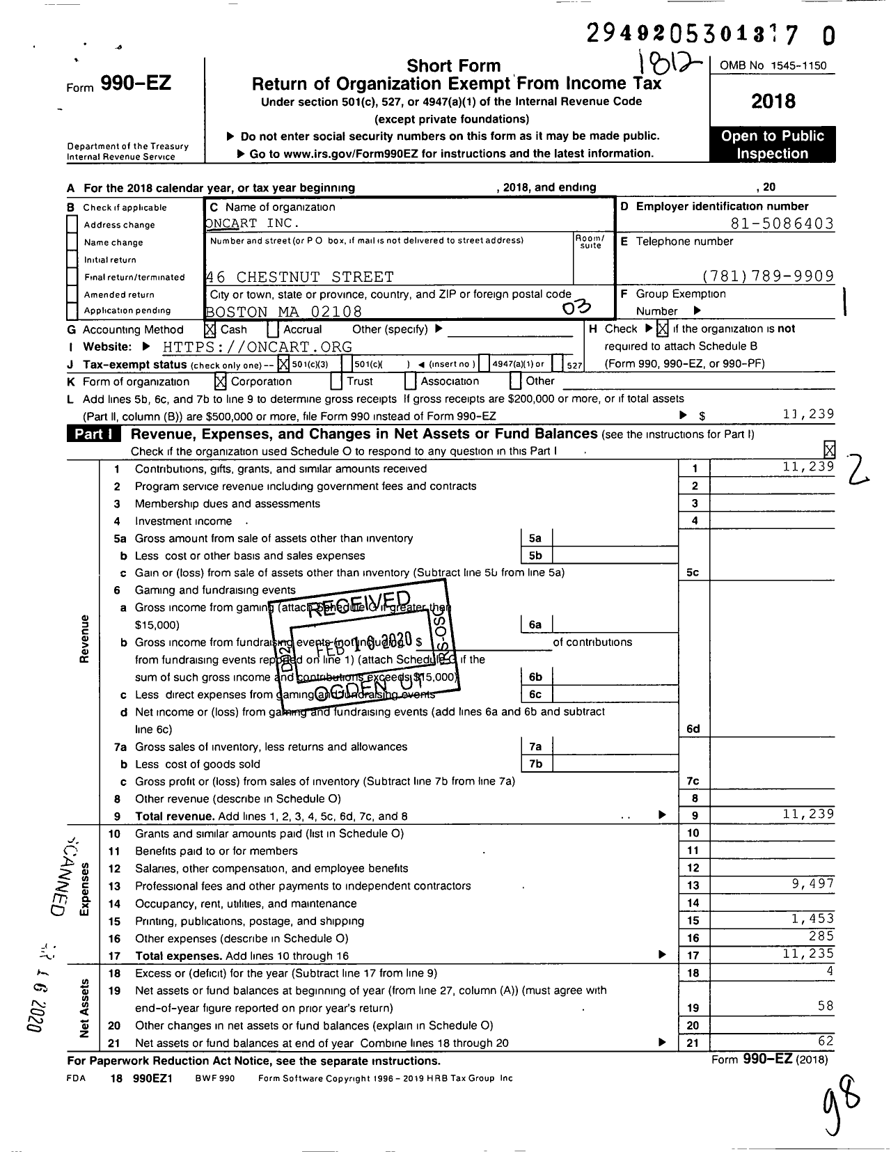 Image of first page of 2018 Form 990EZ for Oncart