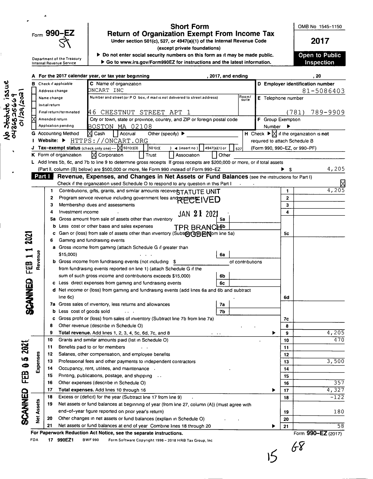 Image of first page of 2017 Form 990EA for Oncart