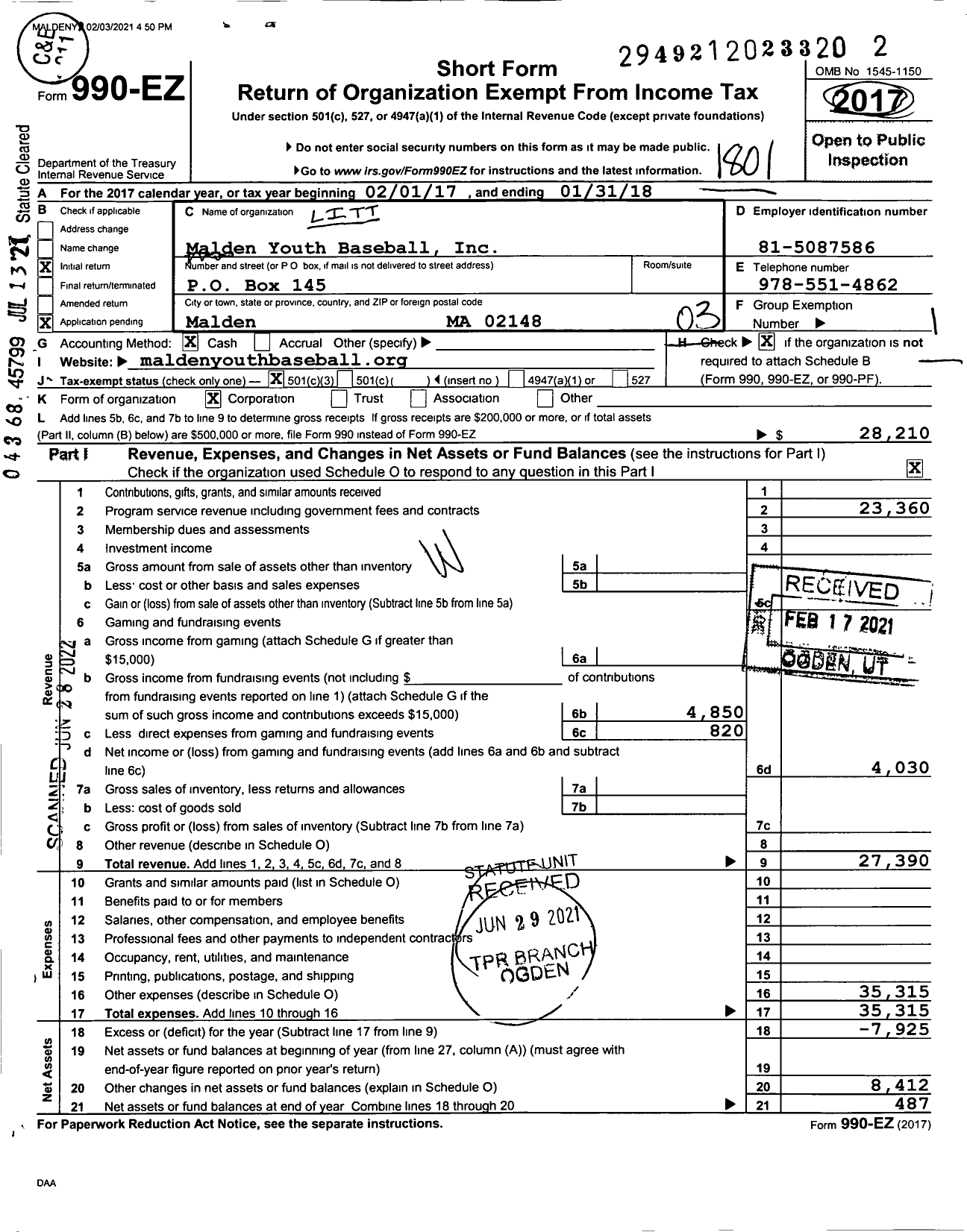 Image of first page of 2017 Form 990EZ for Little League Baseball - 2211204 Malden Youth Baseball LL