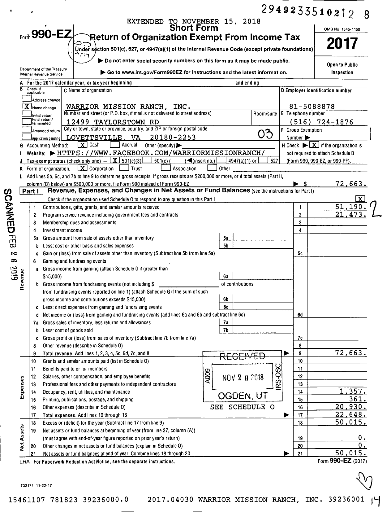 Image of first page of 2017 Form 990EZ for Warrior Mission Ranch