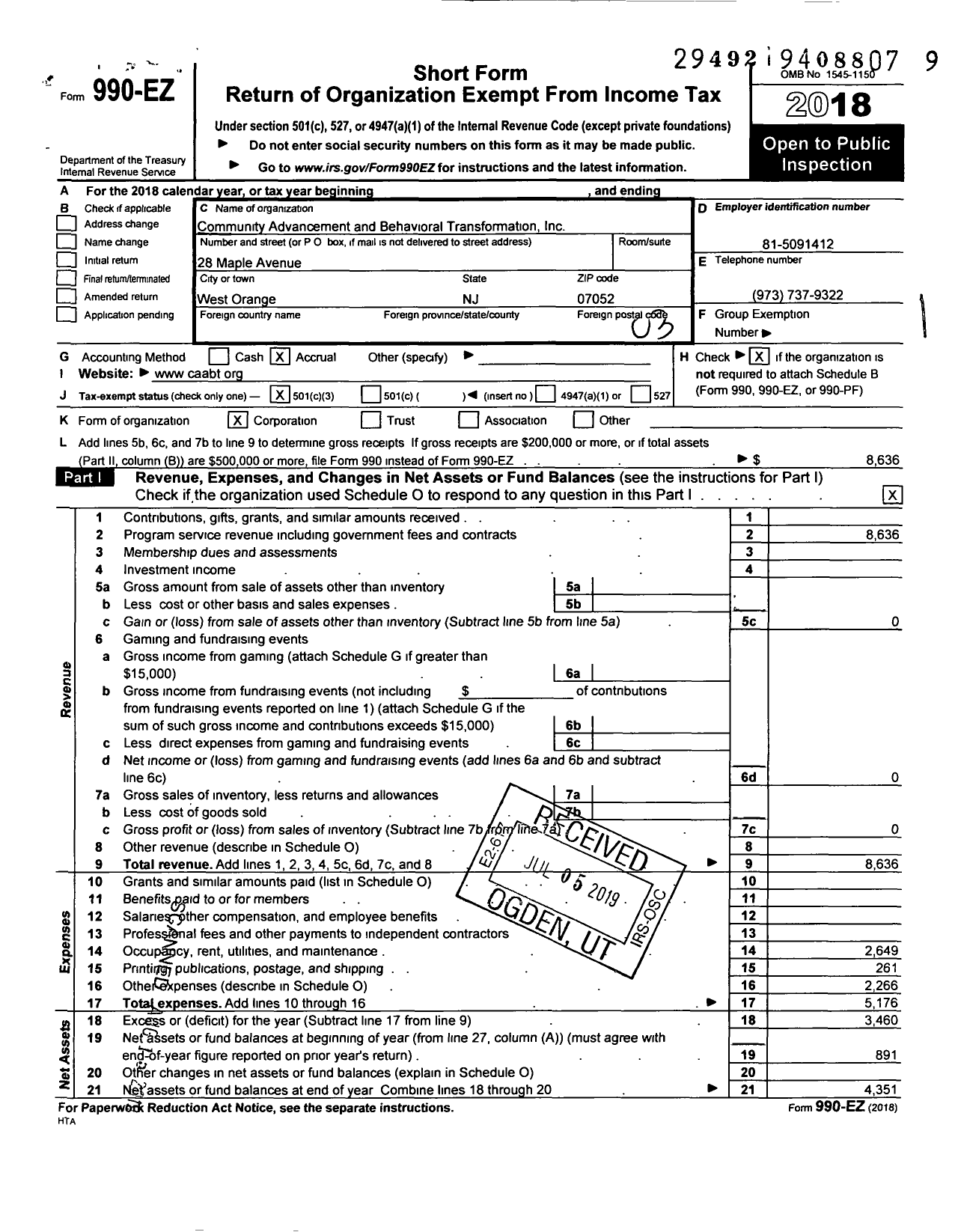 Image of first page of 2018 Form 990EZ for Community Advancement and Behavioral Transformation